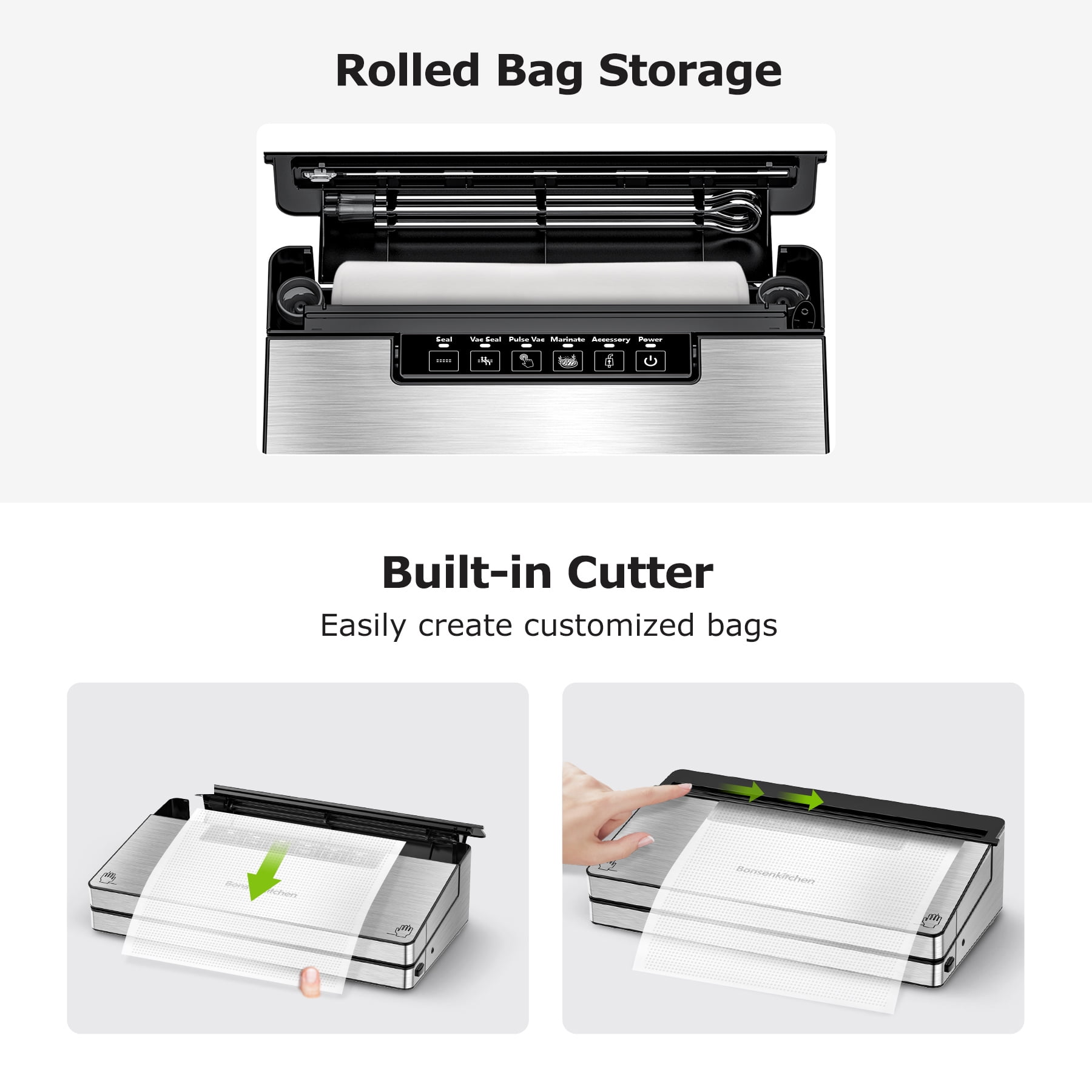 Bonsenkitchen Vacuum Sealer, Stainless Steel Food Sealer with Built-in Cutter and Bag Storage, include 1 Roll Bag & 99 Vacuum Bags - Image 8