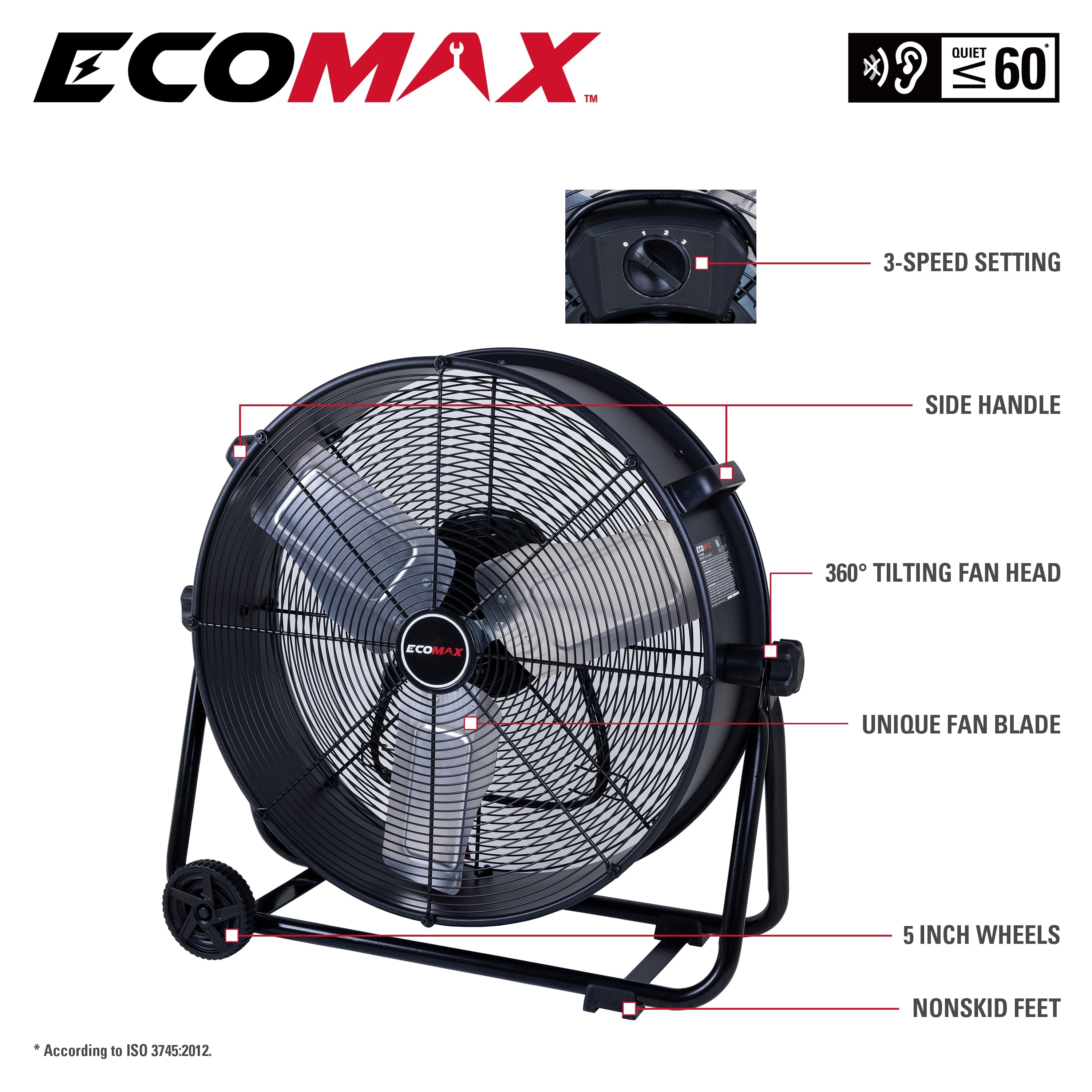 Ecomax EMF102433D 24" High Velocity Drum Floor Fan – Industrial 3-Speed Adjustable Tilt - Image 7