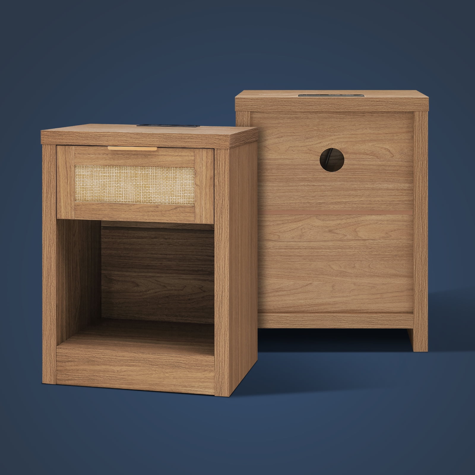 OAKHAM Rattan Nightstand Set of 2 with Charging Station and USB Ports, Boho Bedside Tables - Image 2