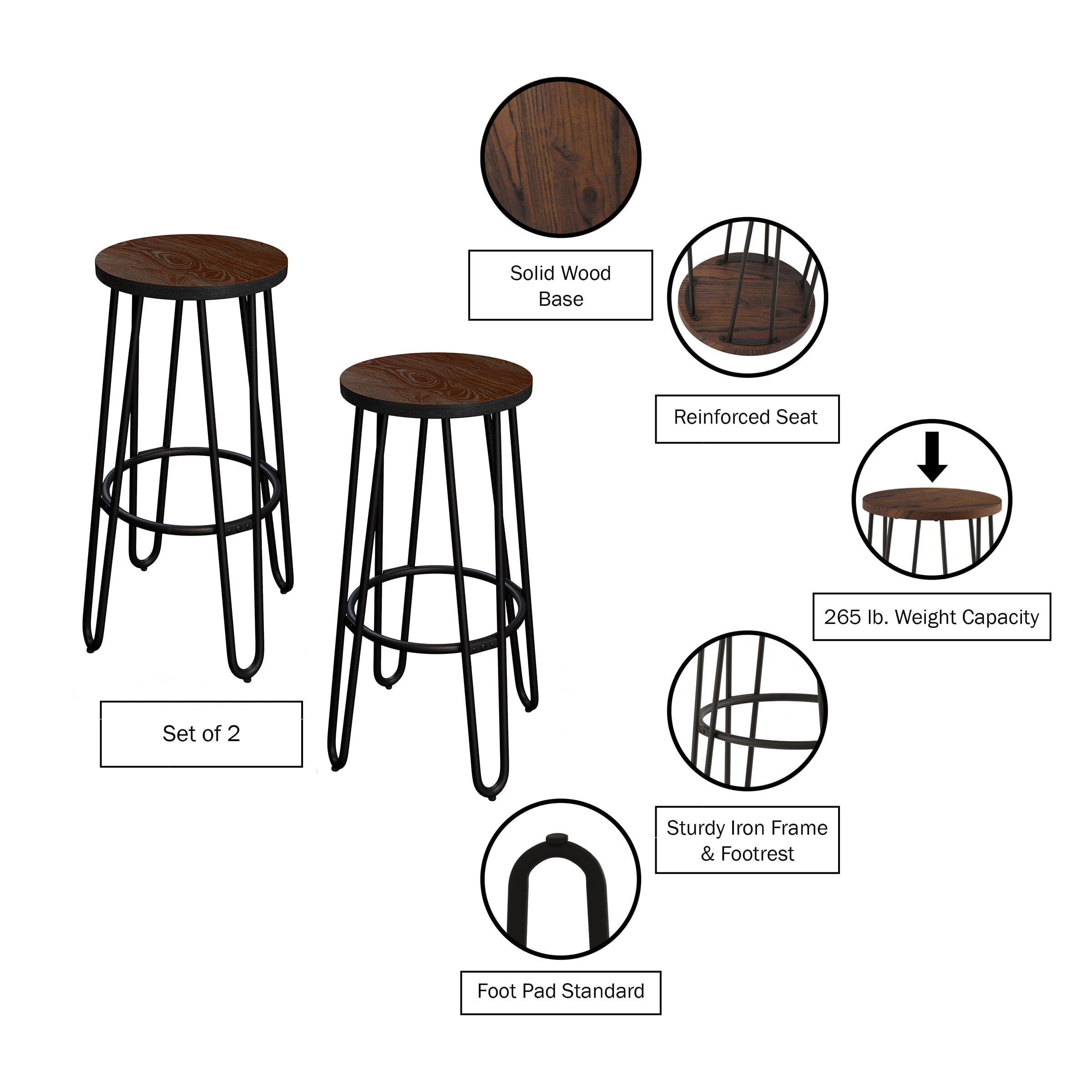 Lavish Home Set of Two 24-Inch Backless Bar Stools with Hairpin Legs - Image 2