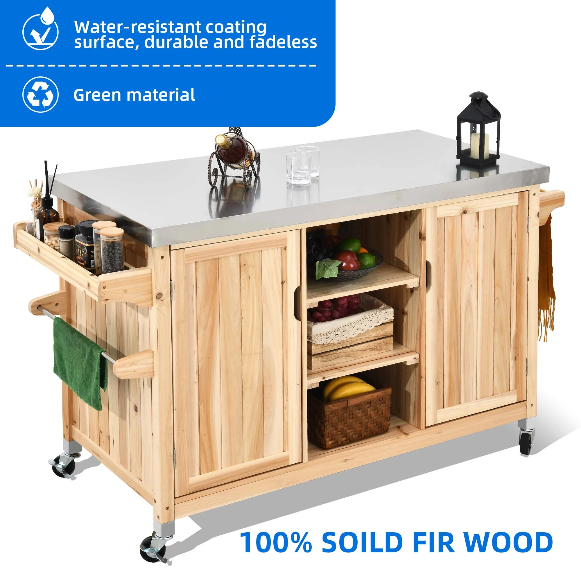 Dextrus Outdoor Kitchen Island Rolling Trolley Cart Stainless Steel Tabletop, Kitchen Storage Dining Serving Cart - Natural Wood - Image 6