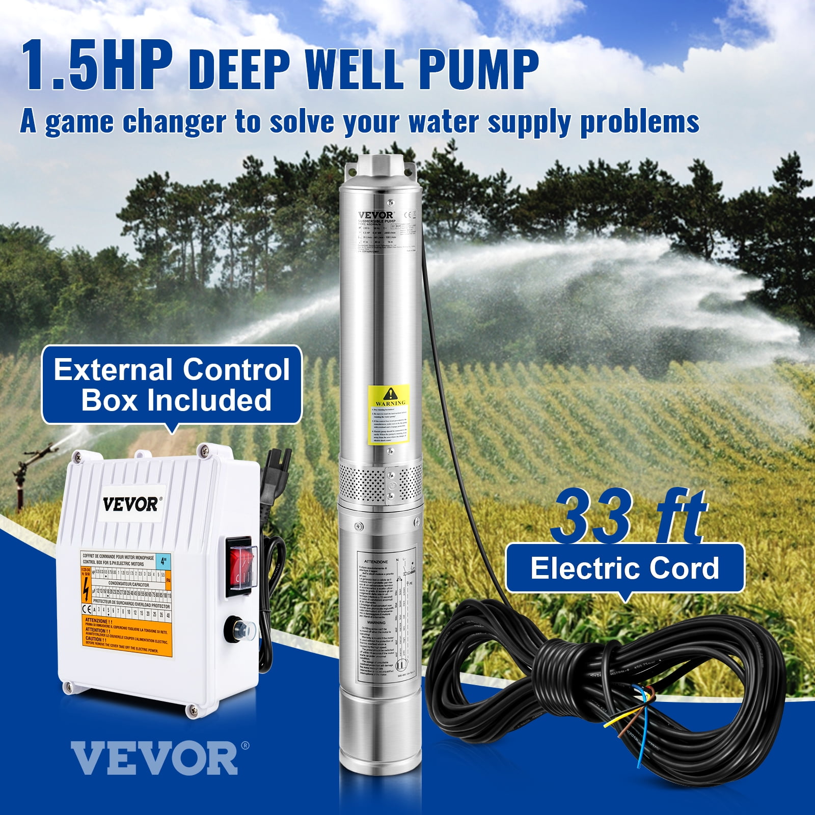 VEVORDeep Well Submersible Pump, 1.5HP 115V/60Hz, 37GPM 276ft Head, with 33 ft Cord & External Control Box, 4 inch Stainless Steel Water Pumps for Industrial, Irrigation and Home Use, IP68 Waterproof - Image 8