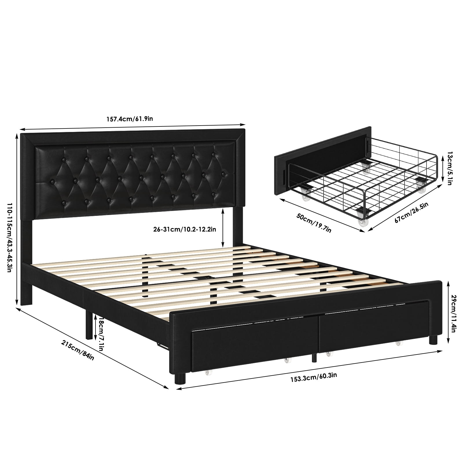Homfa Queen Size 2 Drawers Bed Frame, PU Leather Upholstered Platform Bed with Adjustable Button Headboard, Black - Image 2