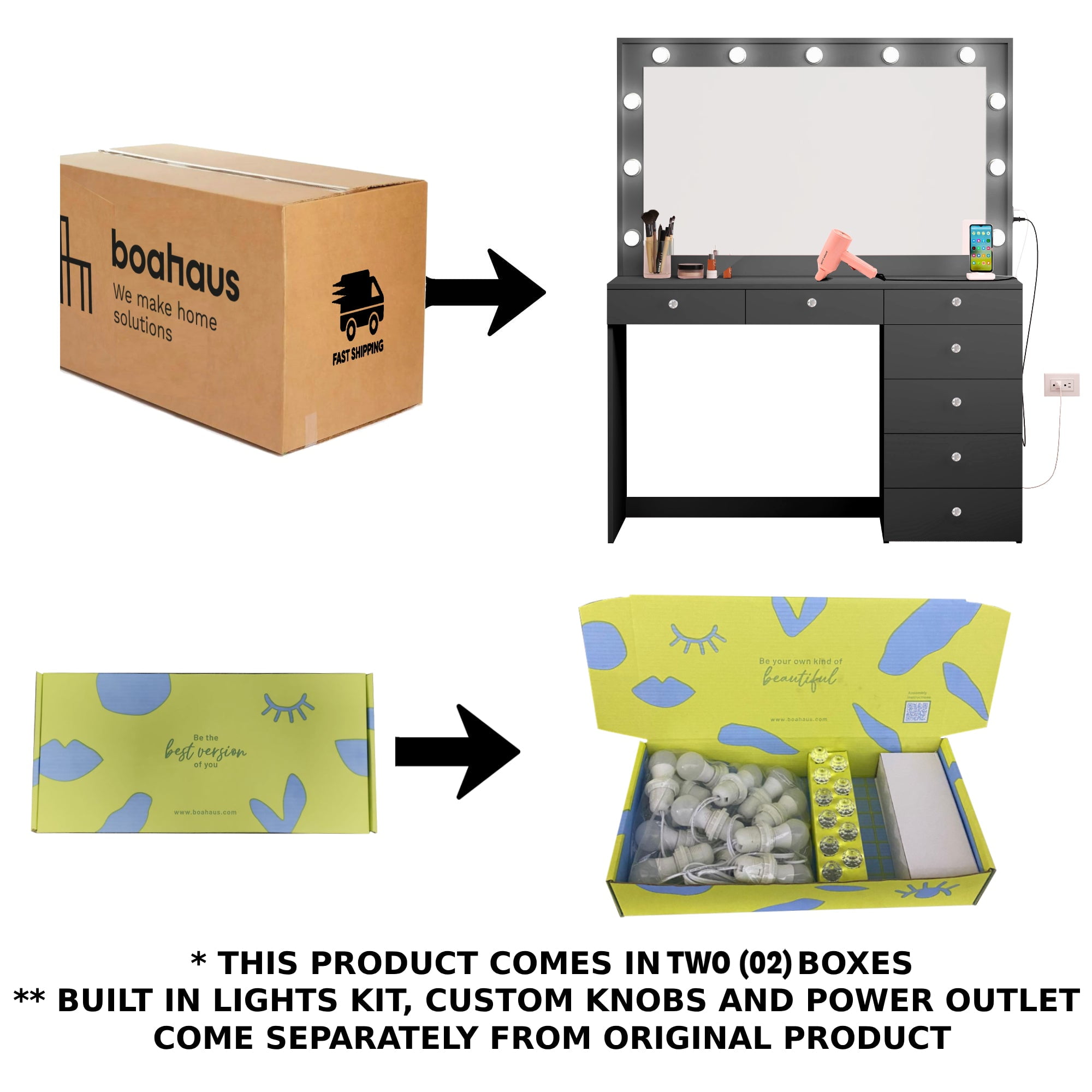 Ember Interiors Modern Black Painted Makeup Vanity Table with Crystal Knobs for Bedroom - Image 6