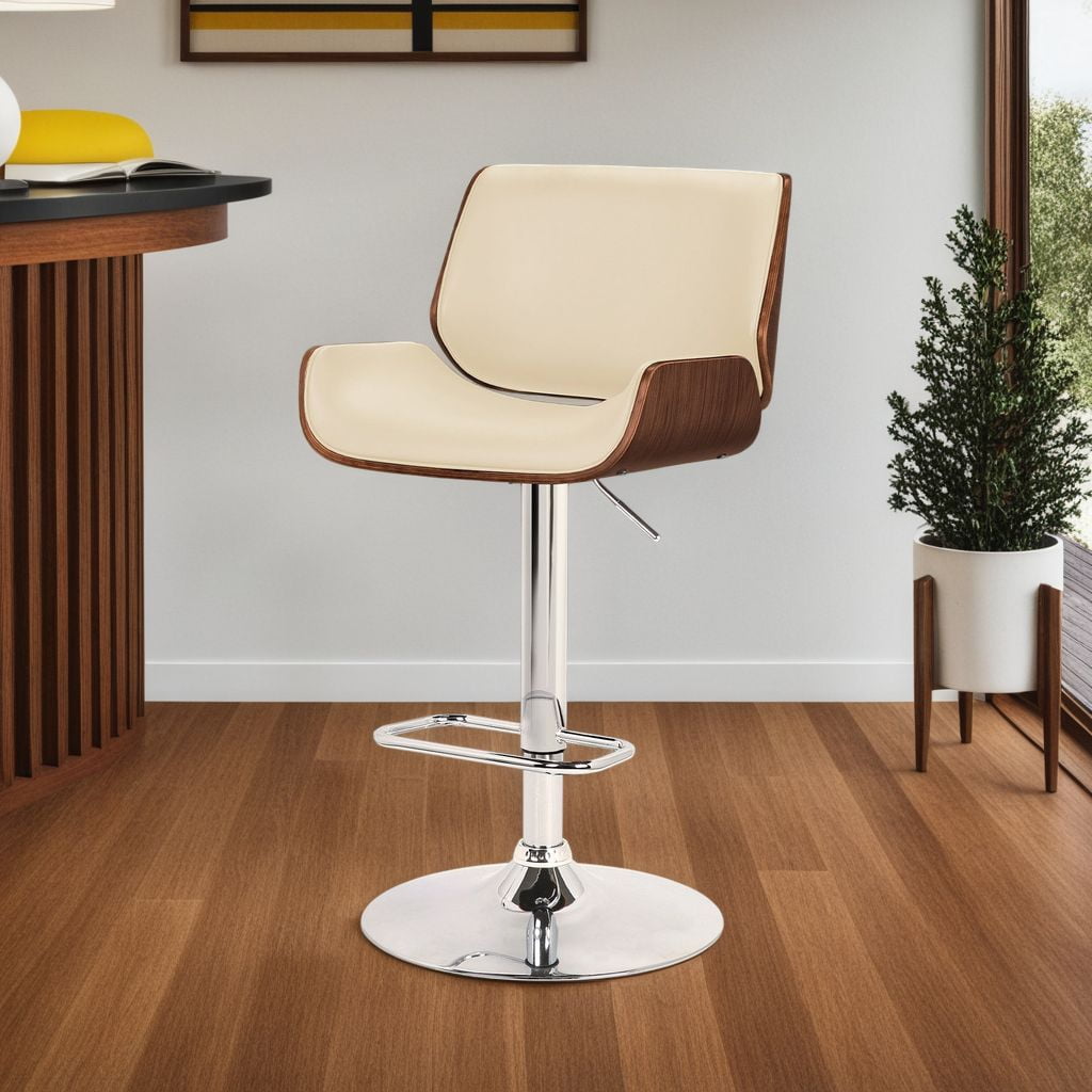 London Cream Faux Leather Adjustable Height Swivel Walnut Wood and Chrome Bar Stool - Image 2