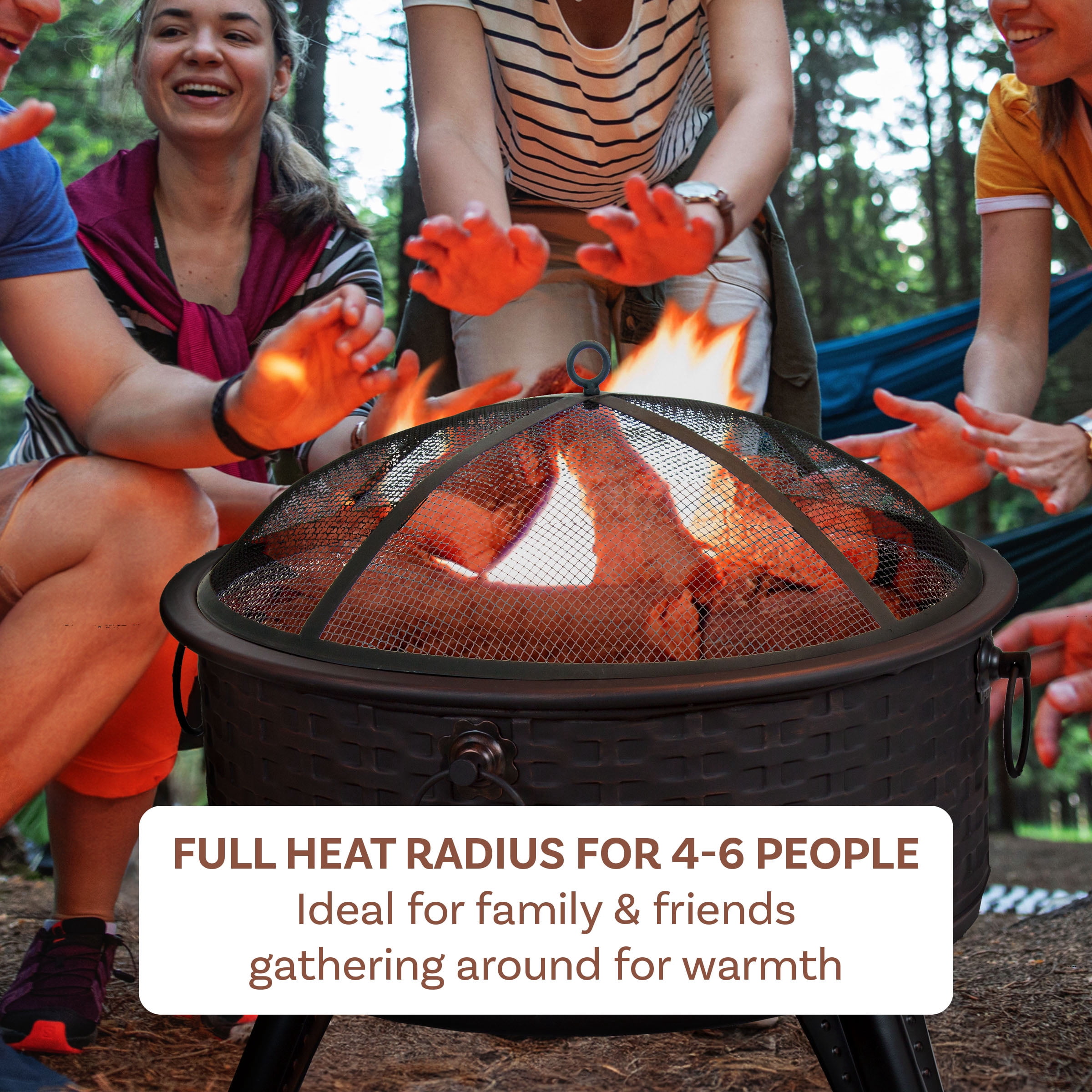 Pure Garden 25.5" Wood Burning Outdoor Fire Pit with Screen, Poker & Cover, Basketweave Design, Bronze - Image 4