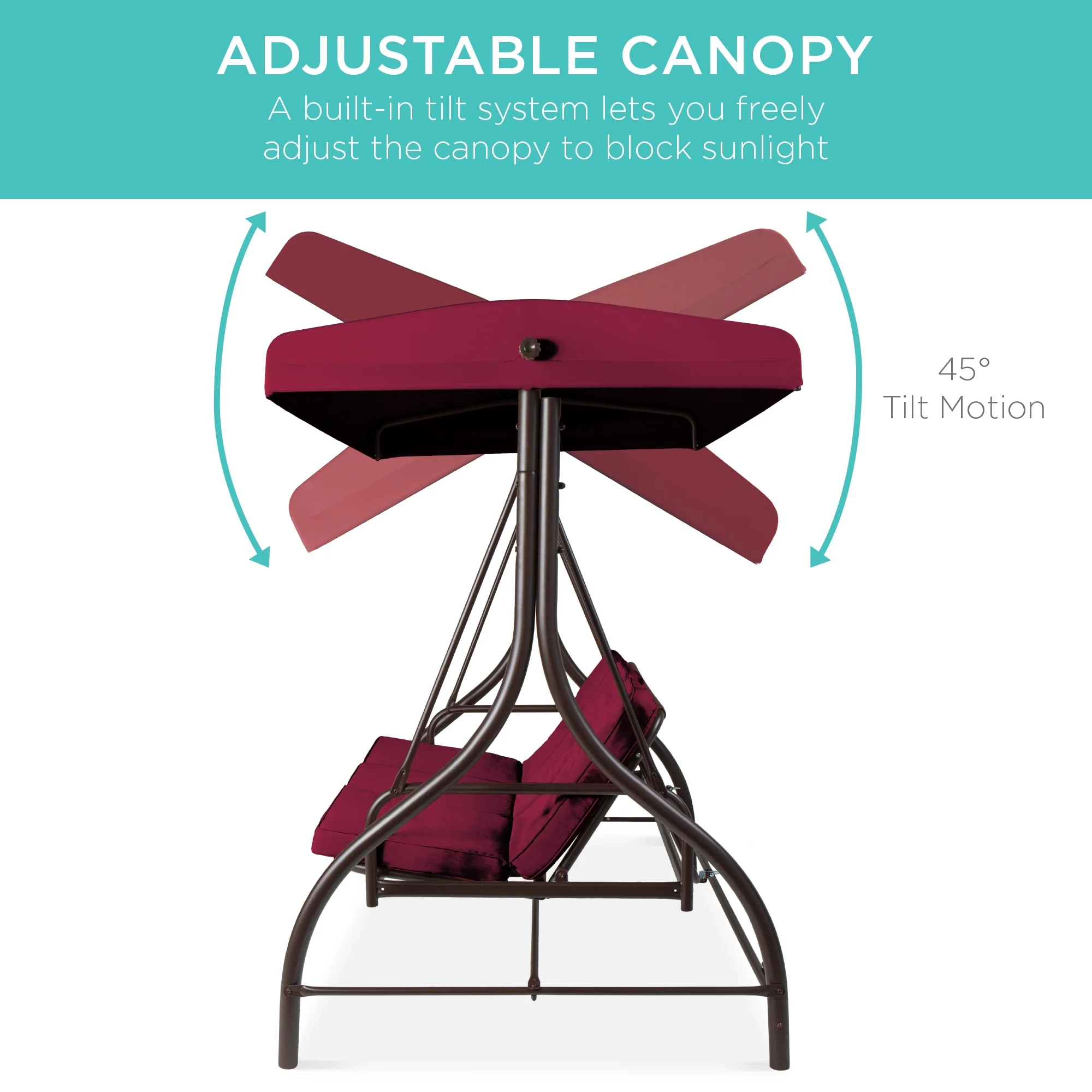 Best Choice Products 3-Seat Outdoor Converting Canopy Swing Glider Patio Hammock w/ Removable Cushions - Burgundy - Image 6