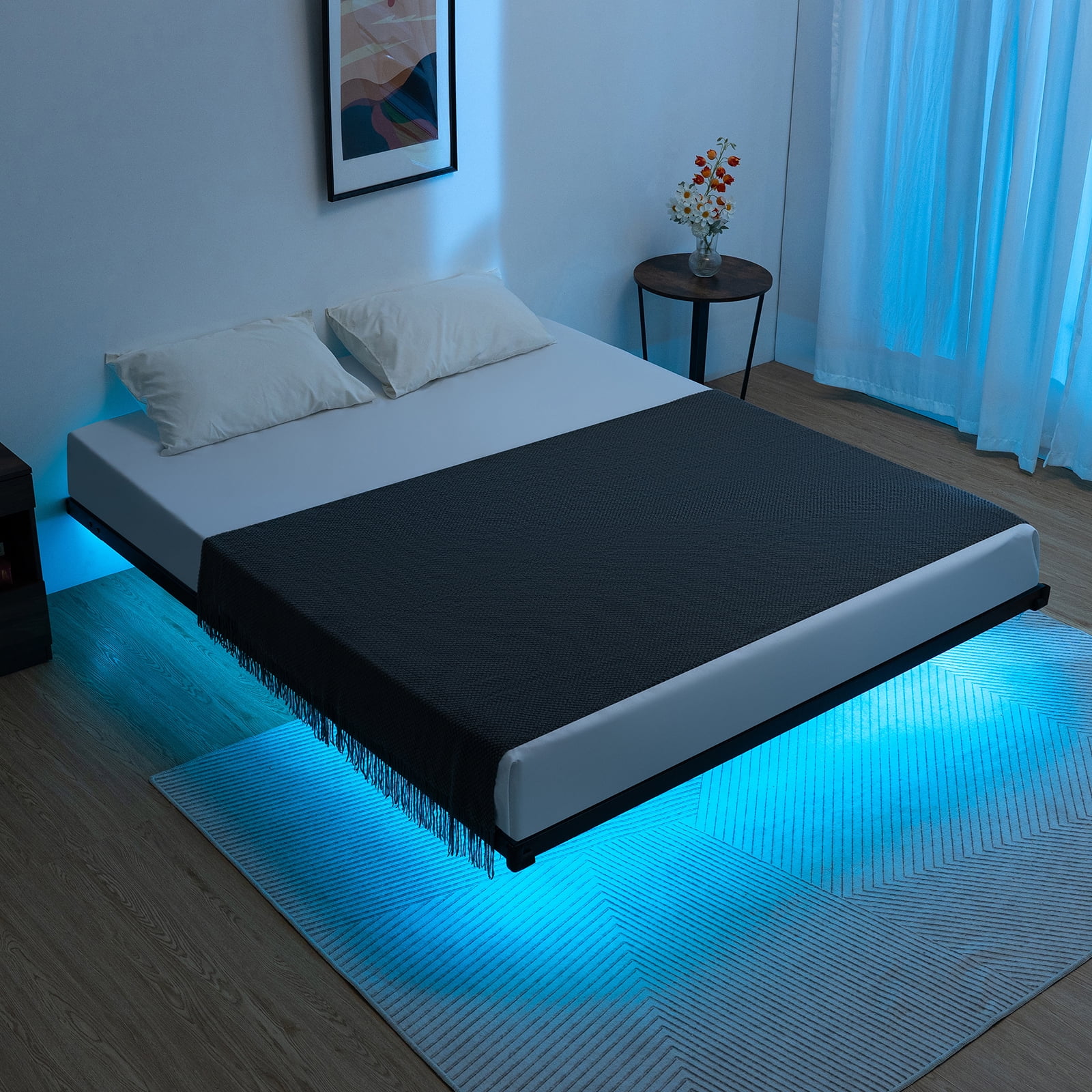 Lusimo King Size Floating Bed Frame with LED Lights Bed Storage Metal Platform Bed Frames with Steel Slat Support Anti-Slip Easy Assembly, Black - Image 8