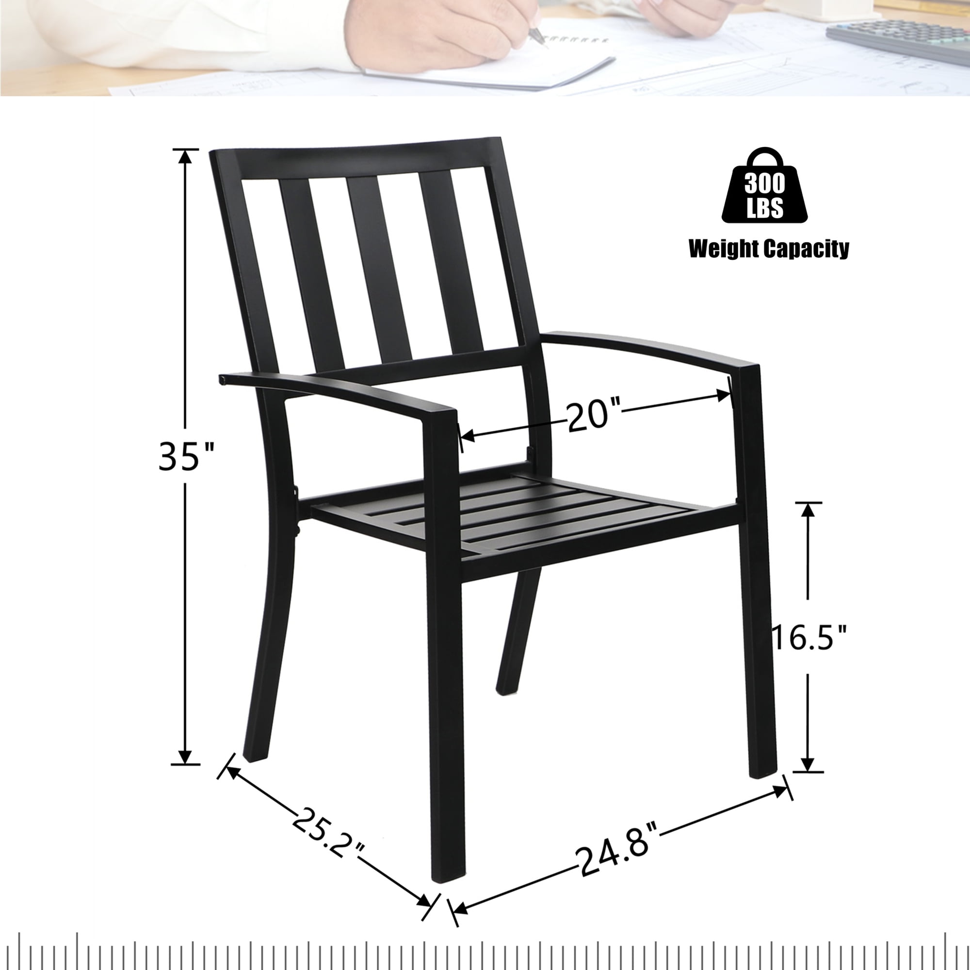MF Studio 5-Piece Outdoor Patio Dining Set with Stacking Chairs & Faux Wood Table for 4-Person, Metal Steel, Black - Image 10