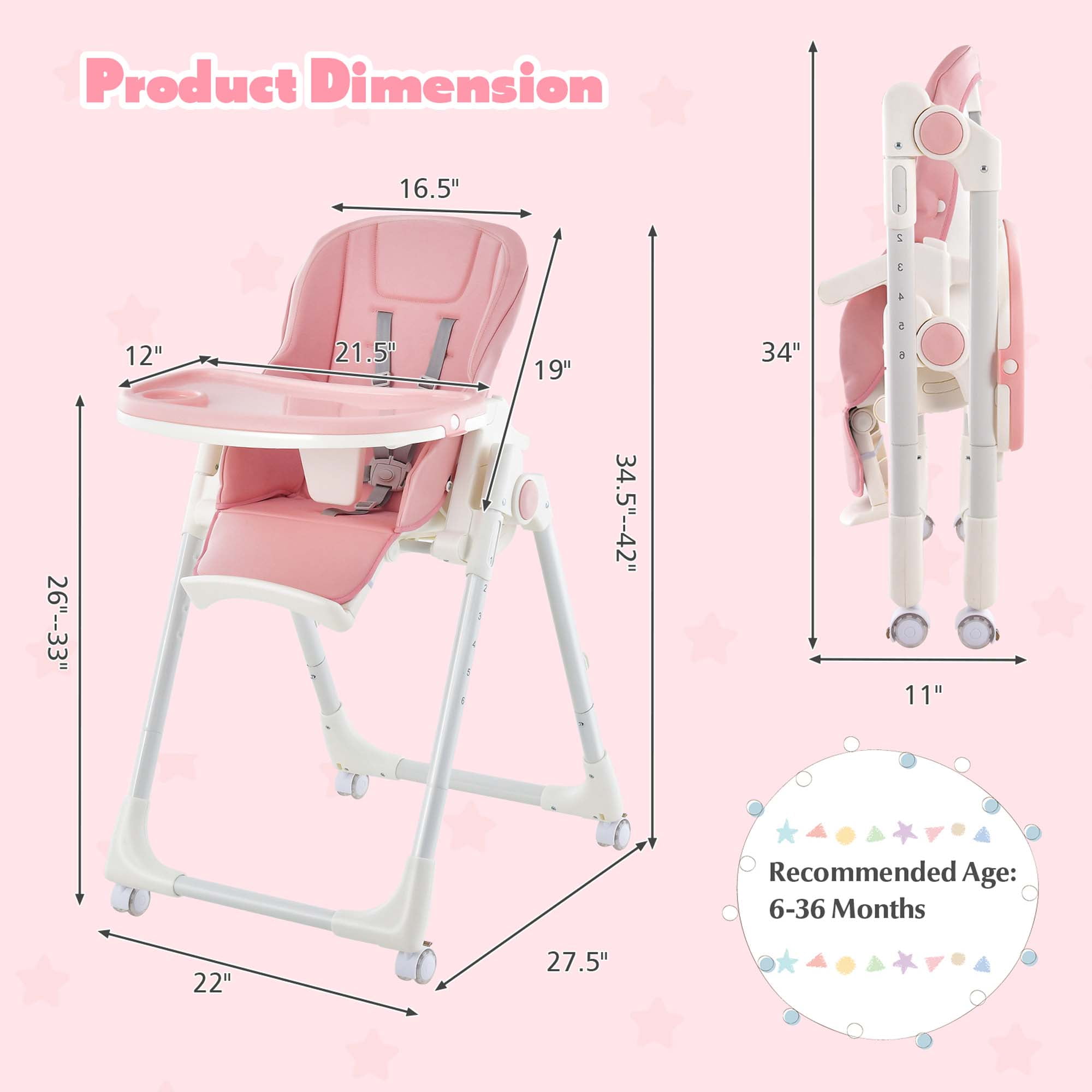 Babyjoy Foldable Highchair Baby Feeding Chair with 360° Rotating Wheels & Height Adjustment Pink - Image 5