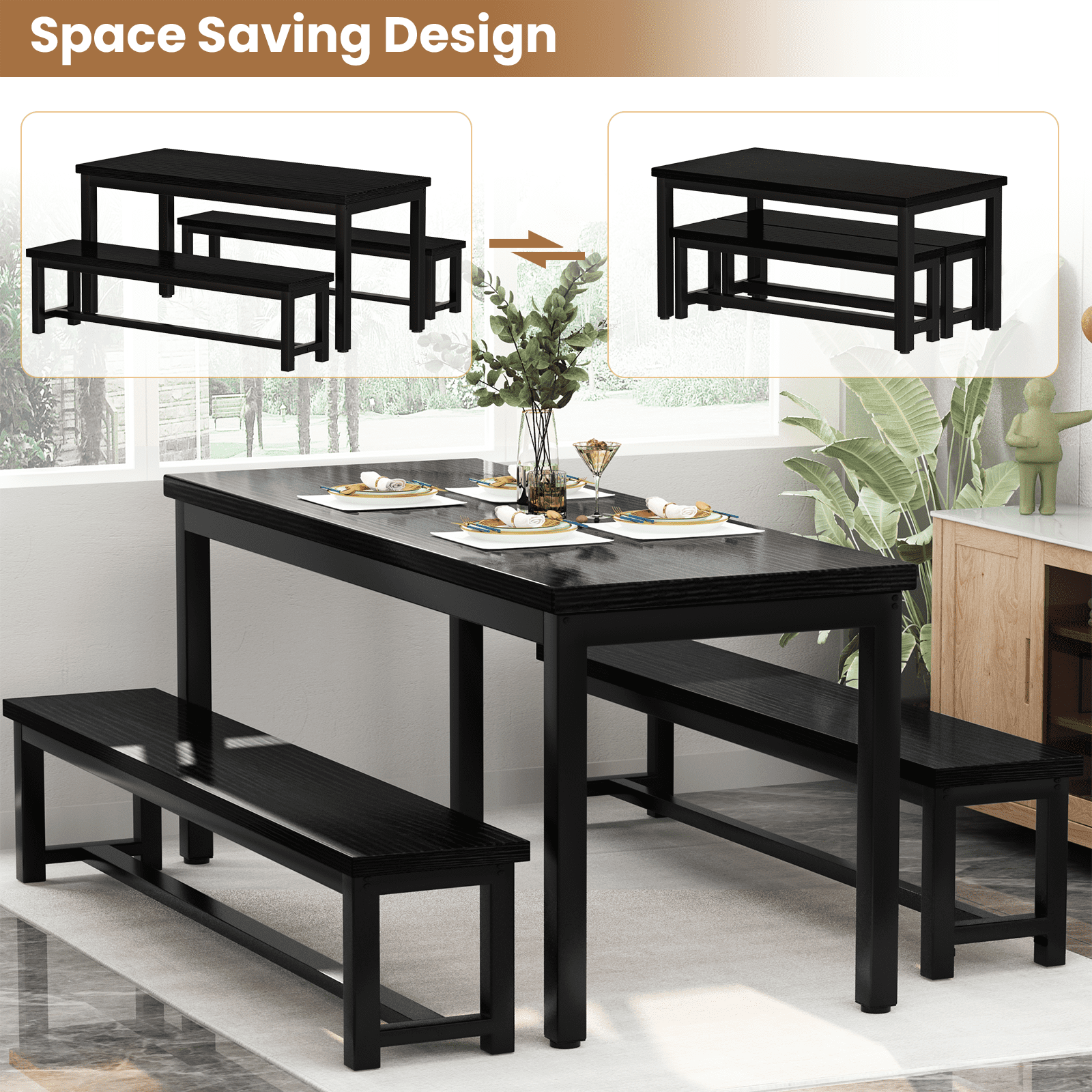 LTTROMAT Dining Table Set for 4, Kitchen Table Set with 2 Benches, Breakfast Nook Set for Small Spaces, 3 Piece Farmhouse Dining Room Table Set, Black - Image 7
