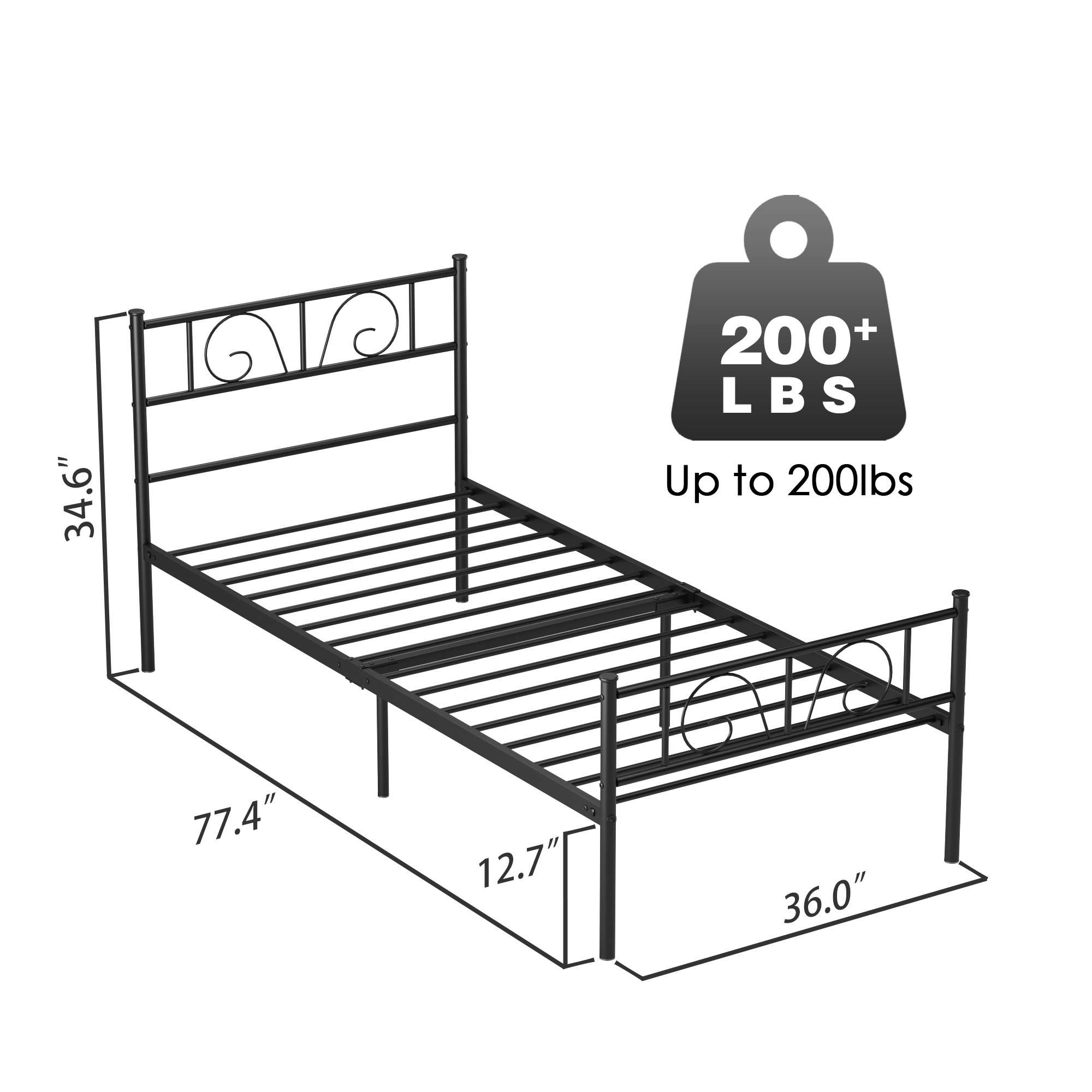 Yoneston Platform Metal Bed Frame Foundation Headboard Bedroom Furniture Twin Size - Black - Image 3