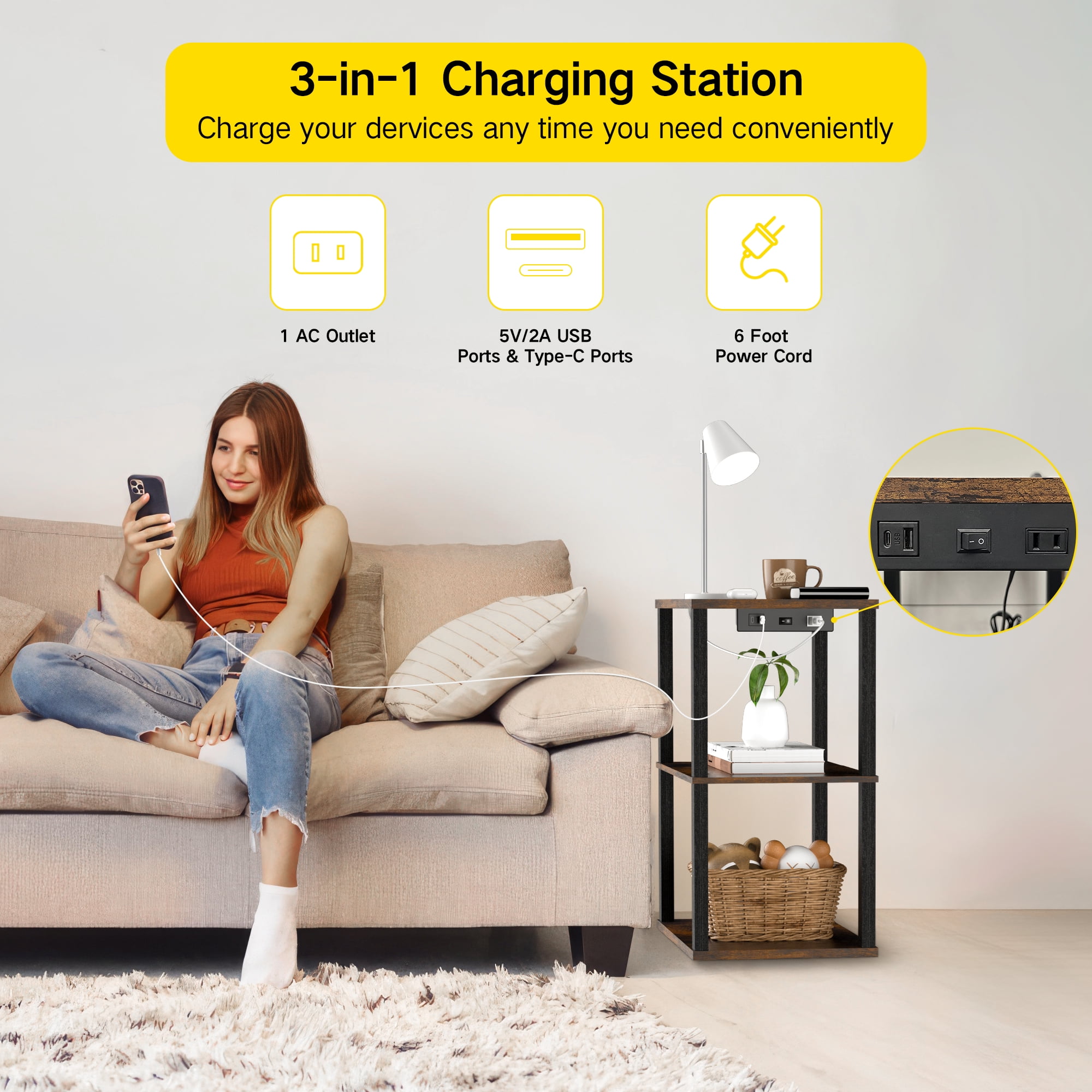 OUTONLIFE End Table with Charging Station, Small Bedside Table with 3 Storage Shelves, Narrow Side Table with USB Ports & Power Outlets, Night Stand for Living Room, Bedroom, Black - Image 11