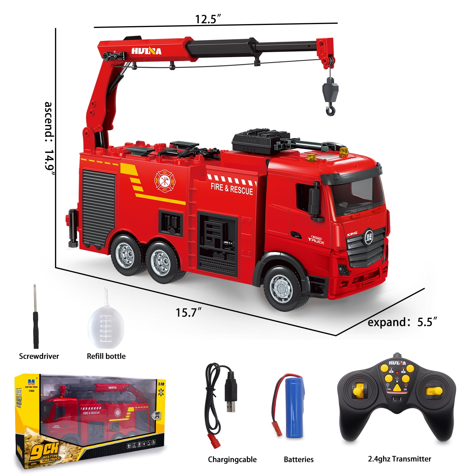 Remote Control Fire Truck, 9 Channel RC Rescue Firetruck with Water Spraying Pump and Lights Sounds, RC Crane RC Truck Toys for Kids Boys Gift - Image 5