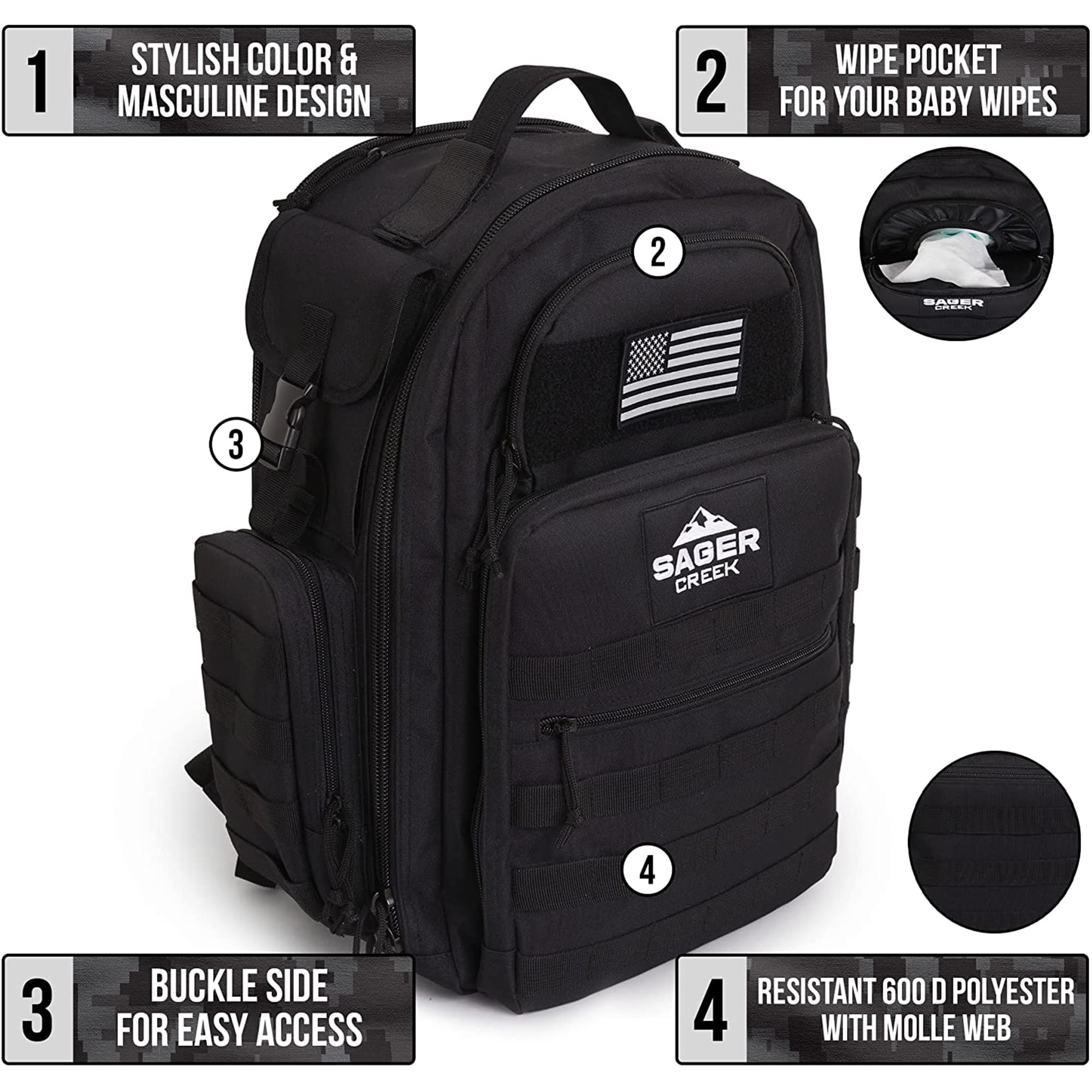 Sager Creek Dad Diaper Bags - Tactical Baby Diaper Bag Backpack - Black - Image 8