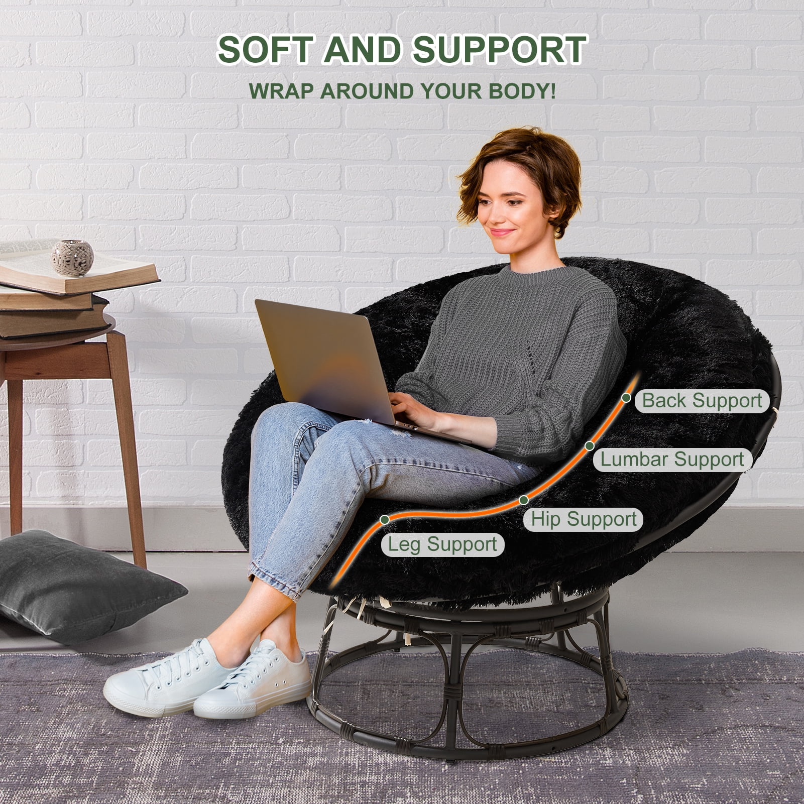 BYBYME Papasan Chair Cushion with Long Faux Fur Cover (Without Chair), 44X44 Inch Supportive Cushion, Fluffy and Furry Papasan Cushion Cover, Black - Image 4