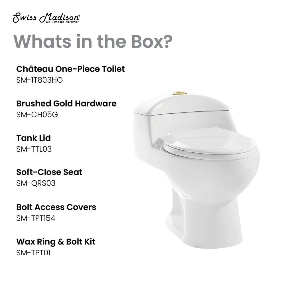 Chateau One Piece Elongated Toilet Dual Flush, Brushed Gold Hardware 1.1/1.6 gpf - Image 8