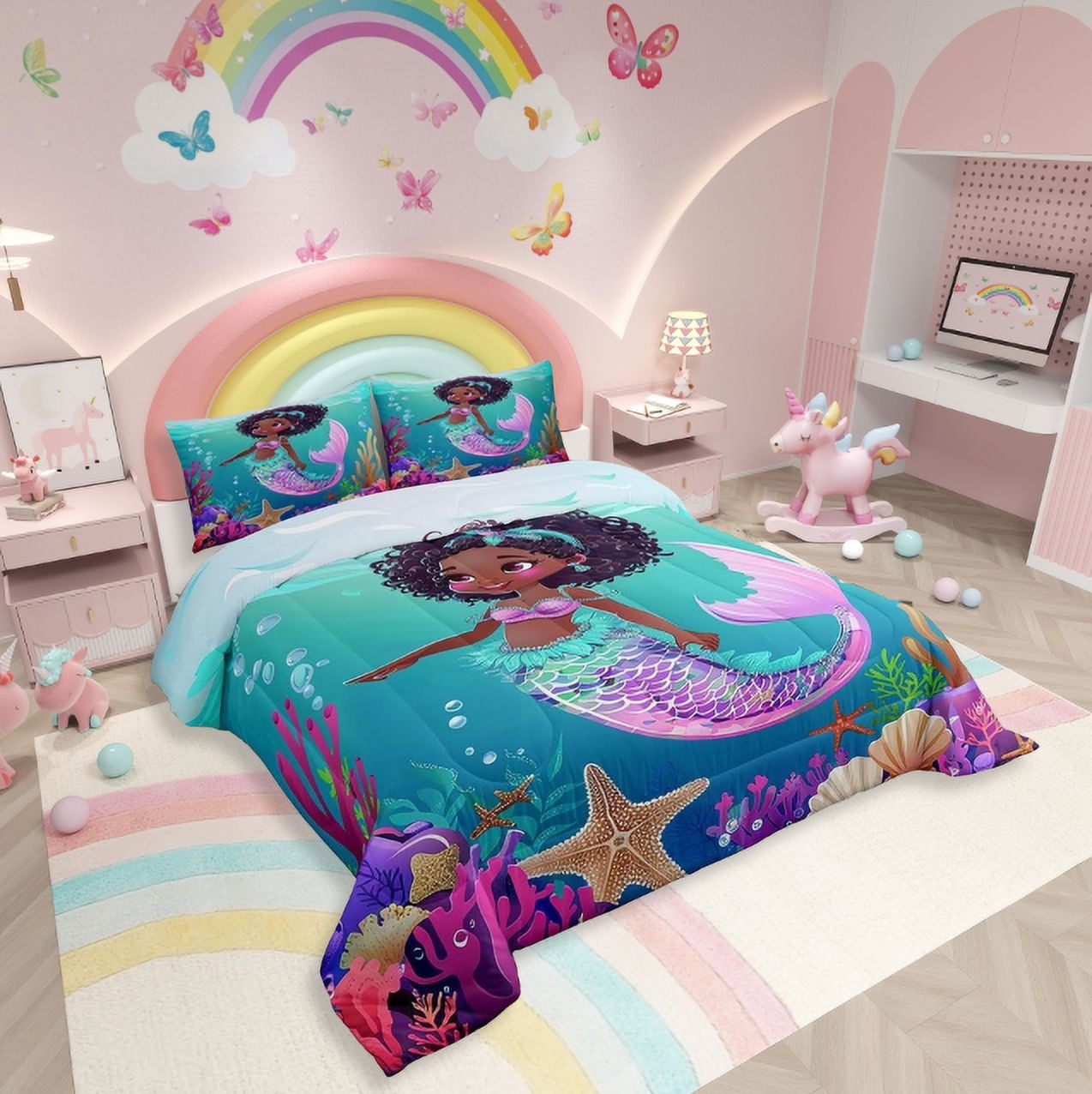 Erosebridal Black Mermaid Comforter Set Queen Black Princess Bedding Sets Cute Ocean Mermaid Bed Comforter Sets American African Quilt Set Marine Life Room Decor 2 Pillow Cases - Image 7