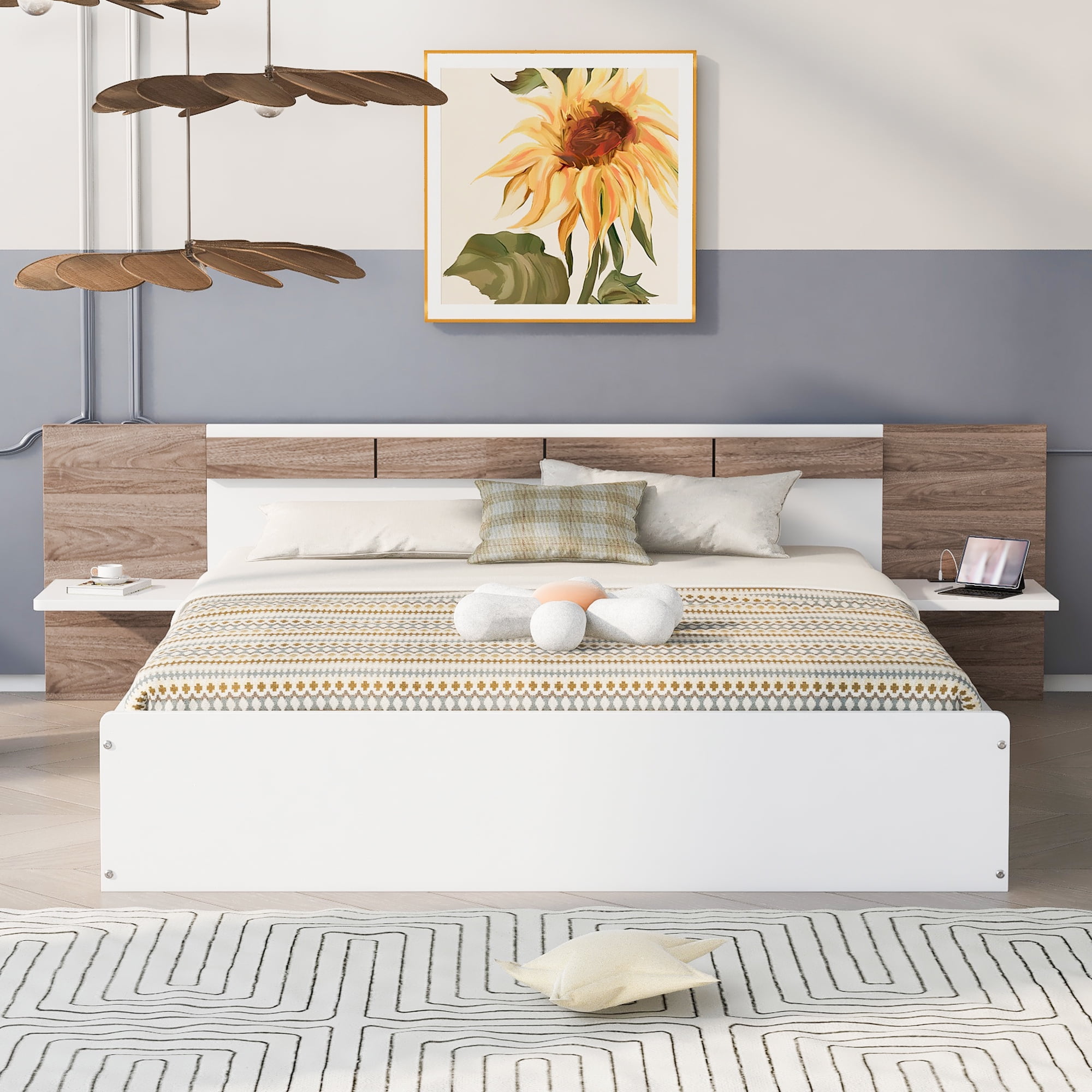 Euroco Wood Queen Size Platform Bed with Shelf and Charging Station for Adults, Beige - Image 2