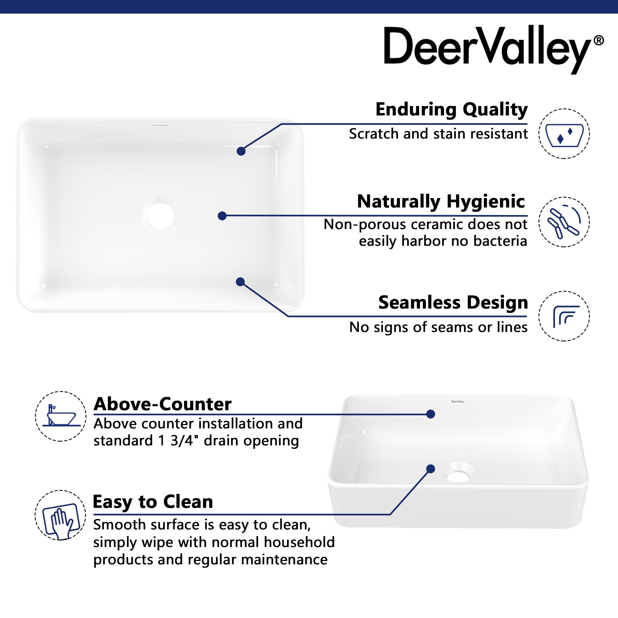 DeerValley DV-1V032 White Ceramic Rectangular Vessel Sink Above Counter White Bathroom Vanity Sink Bathroom Sink Art Basin (19.92'' L x 14'' W x 4.37'' H) - Image 3