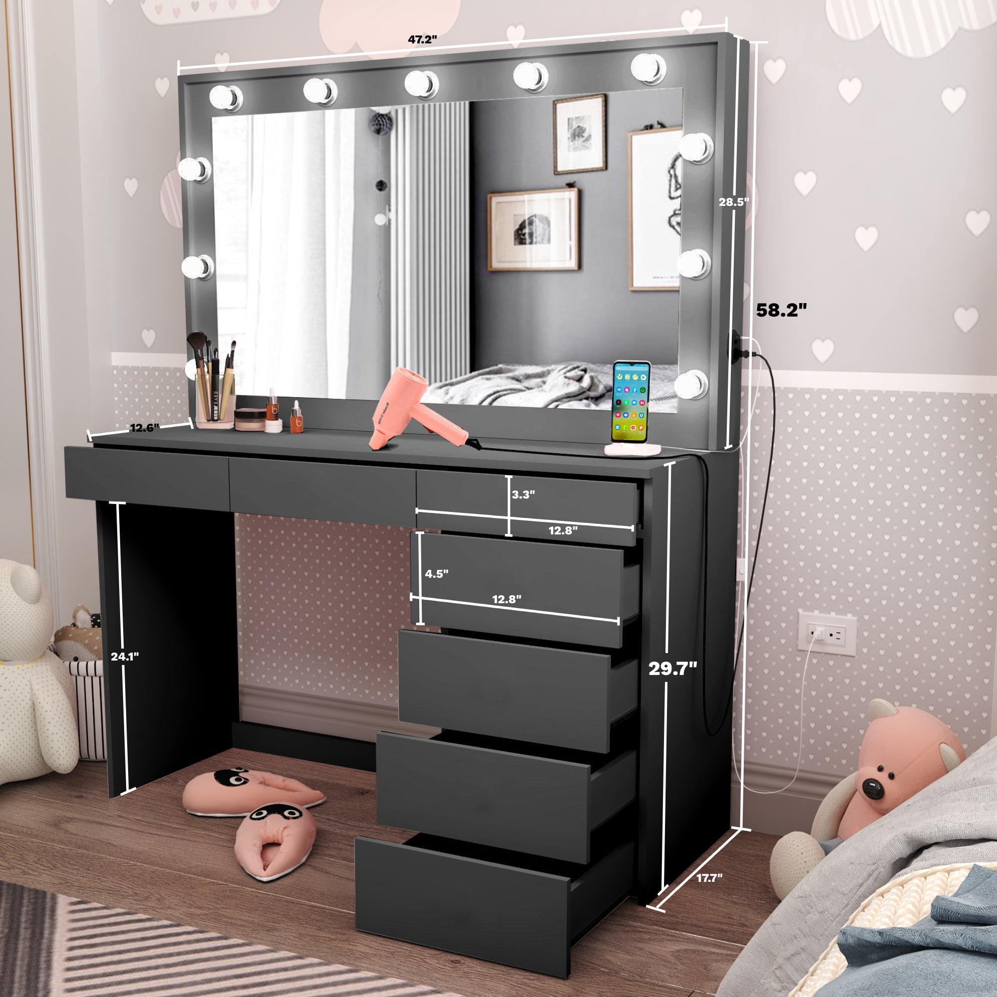 Ember Interiors Modern Black Painted Makeup Vanity Table with Crystal Knobs for Bedroom - Image 7