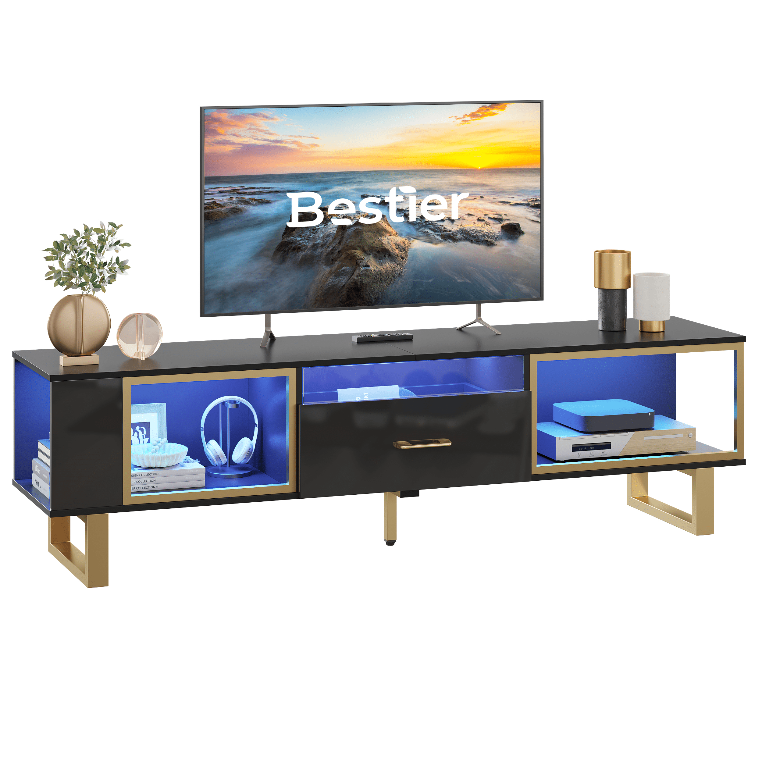 Bestier 70 Inch LED TV Stand for 75 Inch tv, High Gloss Modern Entertainment Center with Drawer & Storage , Black & Gold - Image 8