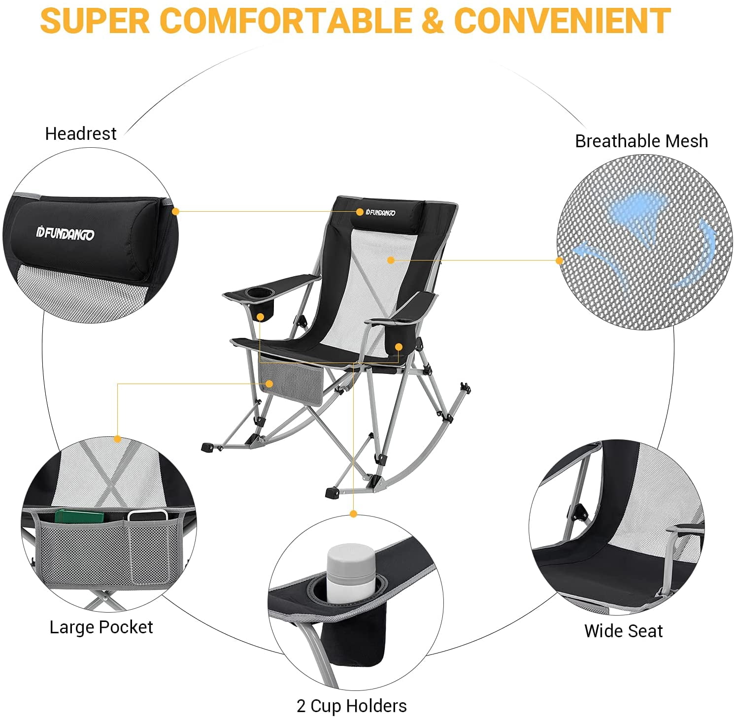 FUNDANGO Oversized Rocking Camping Chair for Adults Outdoor Folding Rocking Chair Lawn Chair Black - Image 6