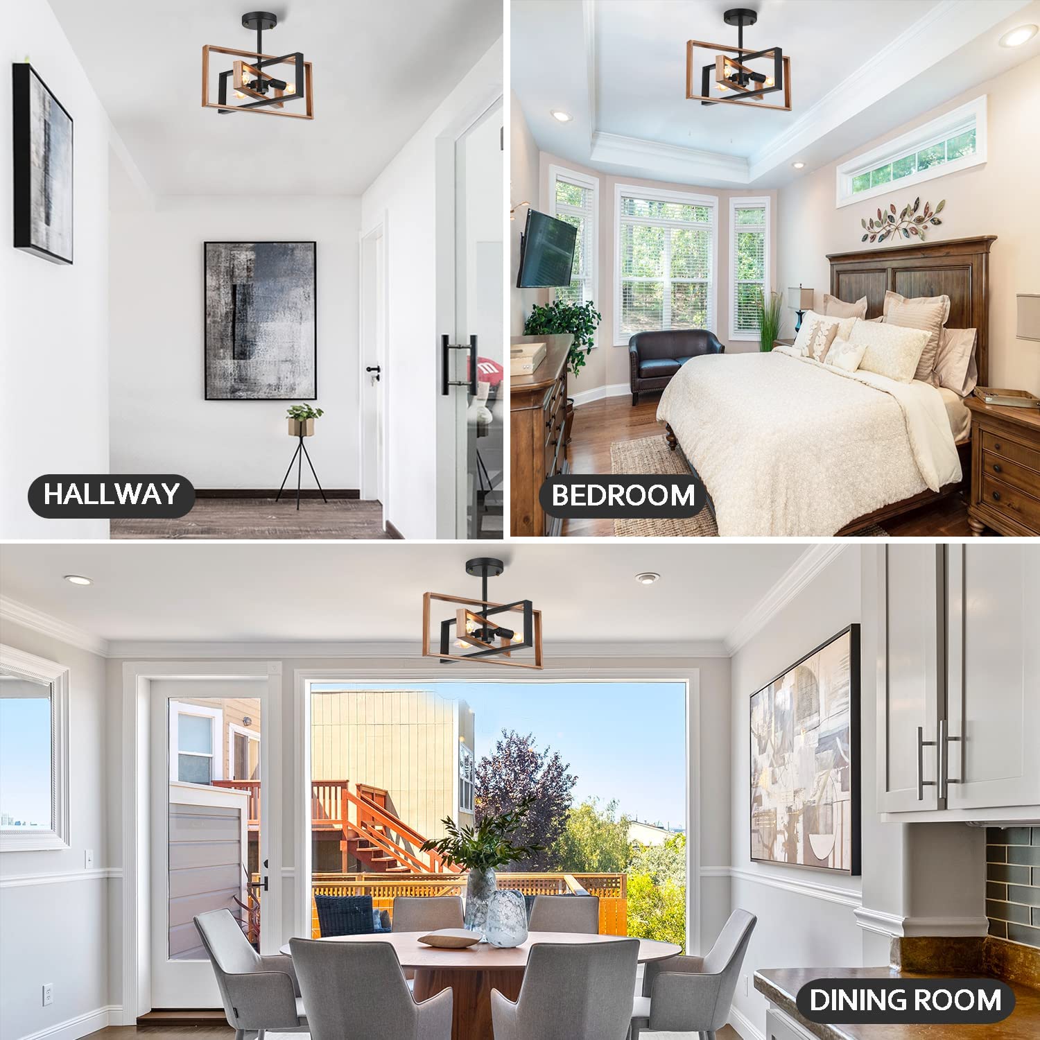 Capslpad Rustic Retro Rectangle Semi Flush Ceiling Light Industrial Farmhouse Rotatable Flush Mount Ceiling Light Fixture for Kitchen Hallway Dining Room Living Room Entryway (Faux-Wood) - Image 4