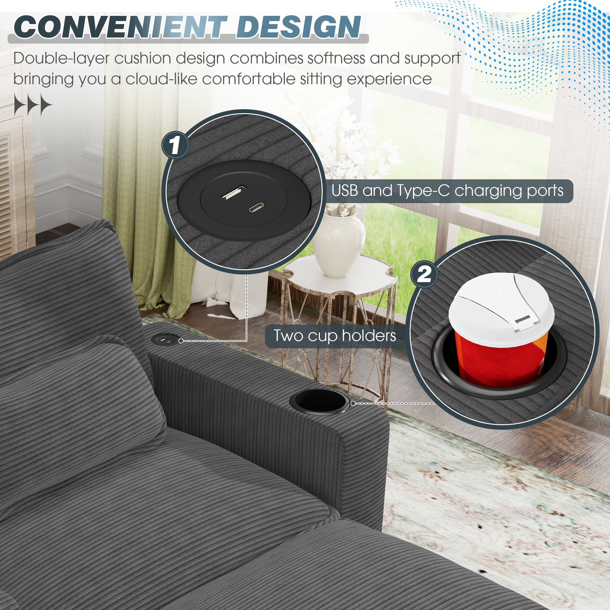 Lunale Oversized Lounge Chair & Ottoman Set - 45.5" Cloud Corduroy Accent Armchair with USB/Cup Holder for Modern Living/Bedroom, Dark Gray - Image 4