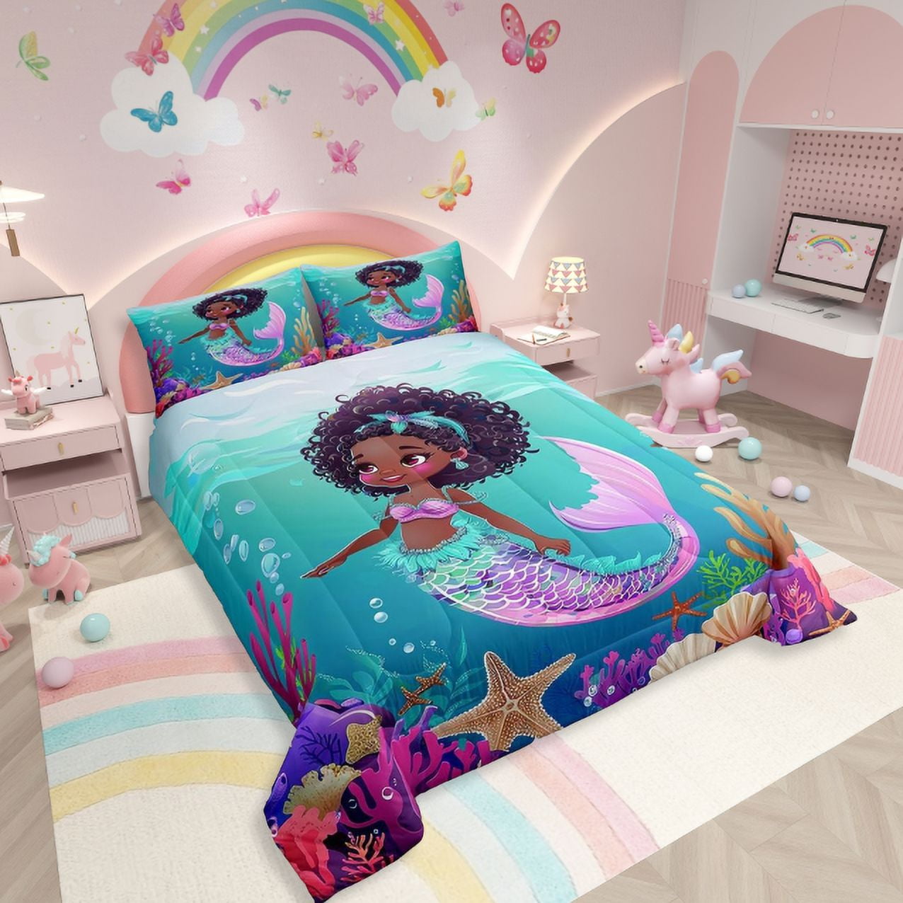Erosebridal Black Mermaid Comforter Set Queen Black Princess Bedding Sets Cute Ocean Mermaid Bed Comforter Sets American African Quilt Set Marine Life Room Decor 2 Pillow Cases - Image 4