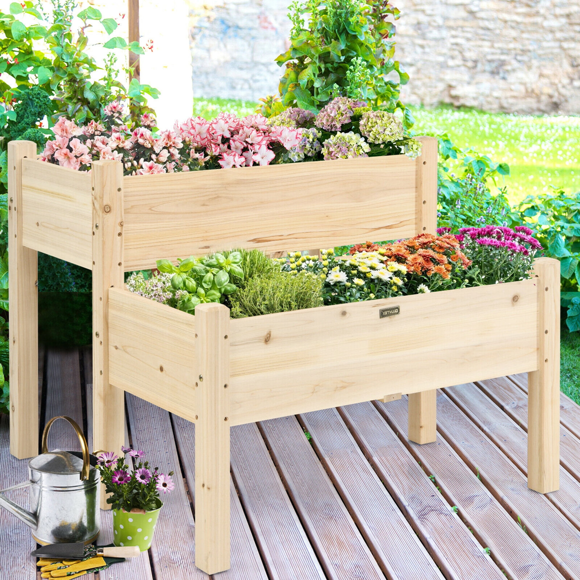 Gymax 2 Tier Wooden Raised Garden Bed Elevated Planter Box w/Legs Drain Holes - Image 3