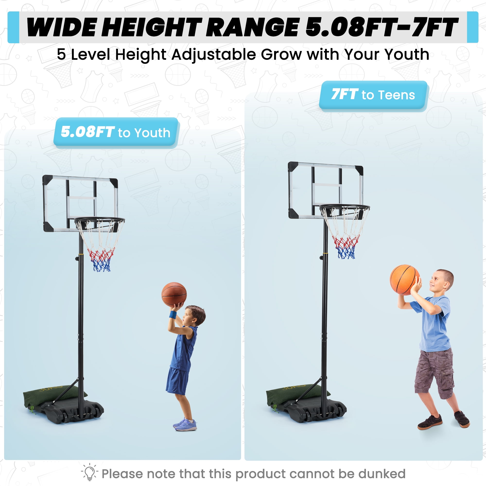 Naipo 28in Basketball Hoop Basketball Goal System Height Adjustable 5.1ft to 7ft Court for All Age Ranges Indoor Outdoor Use - Image 5