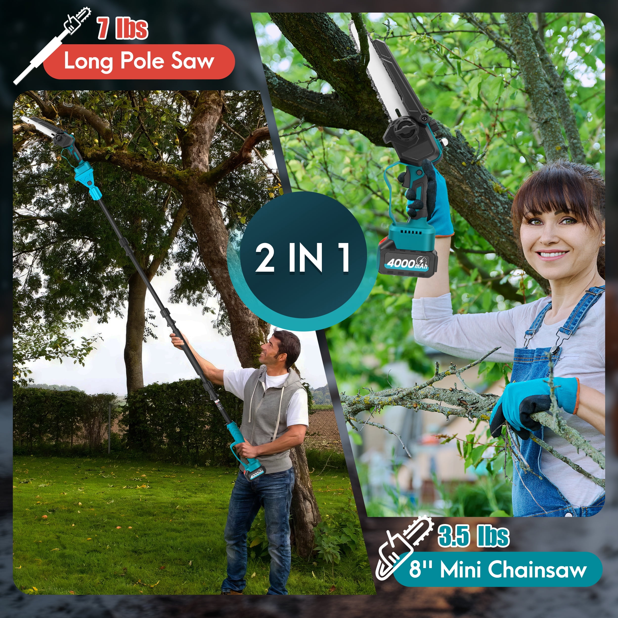 RELOIVE 2-in-1 Brushless Pole Saw & 8" Chainsaw, 21V 4000mAh 14.1ft Cordless for Tree Trimming/Wood Cutting - Image 9