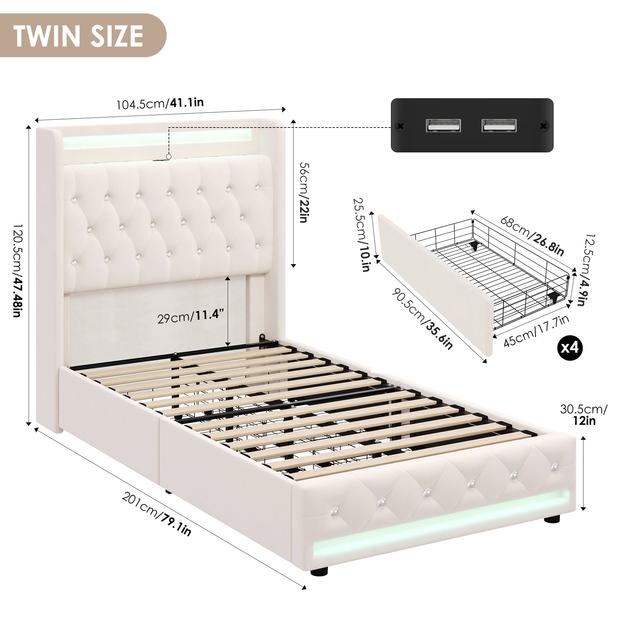 Homfa Twin Bed Frame with LED Light & Charge Station, 4 Storage Drawers Modern Upholstered Wingback Platform Bed Frame, Beige Velvet - Image 6