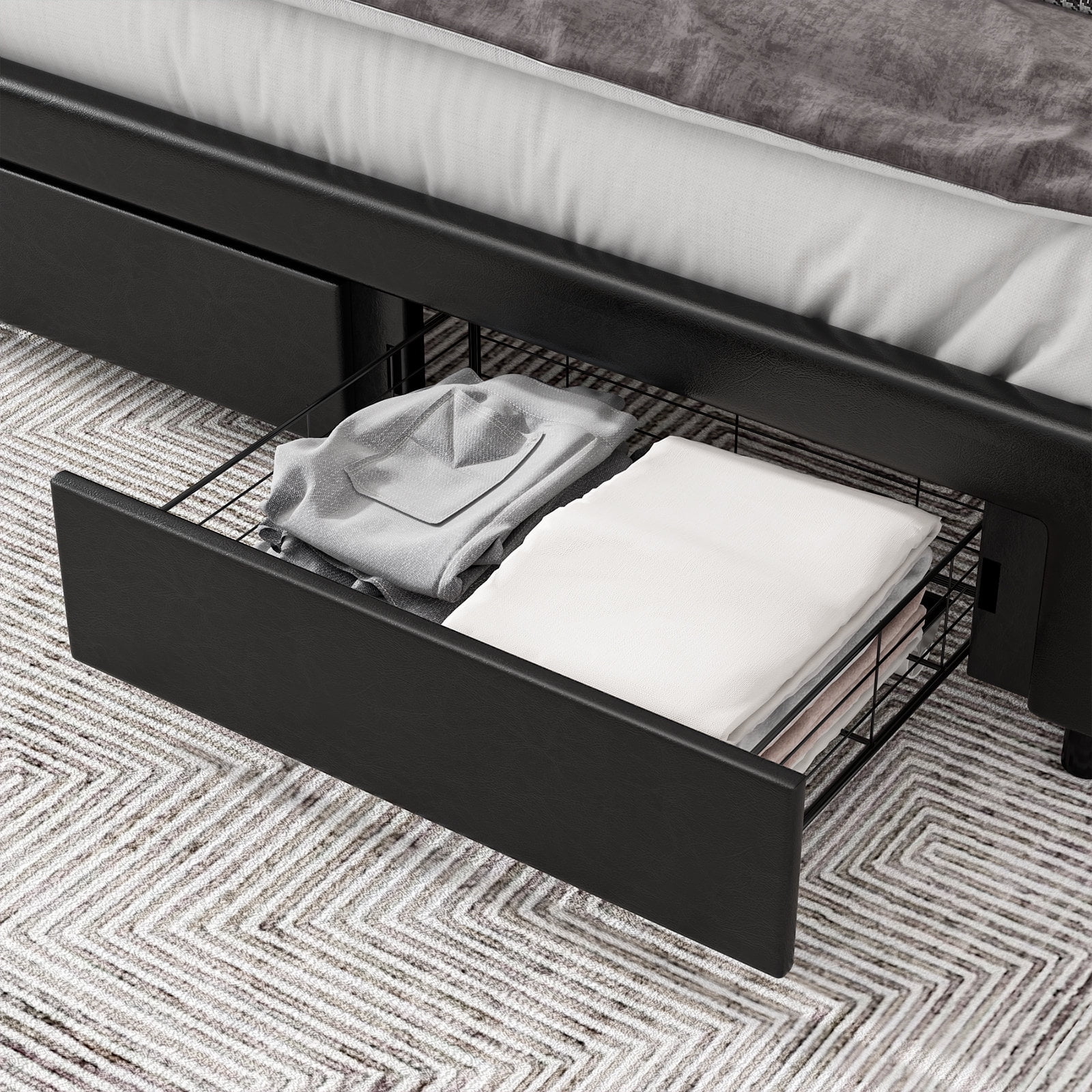 Homfa Queen Size 2 Drawers Bed Frame, PU Leather Upholstered Platform Bed with Adjustable Button Headboard, Black - Image 8