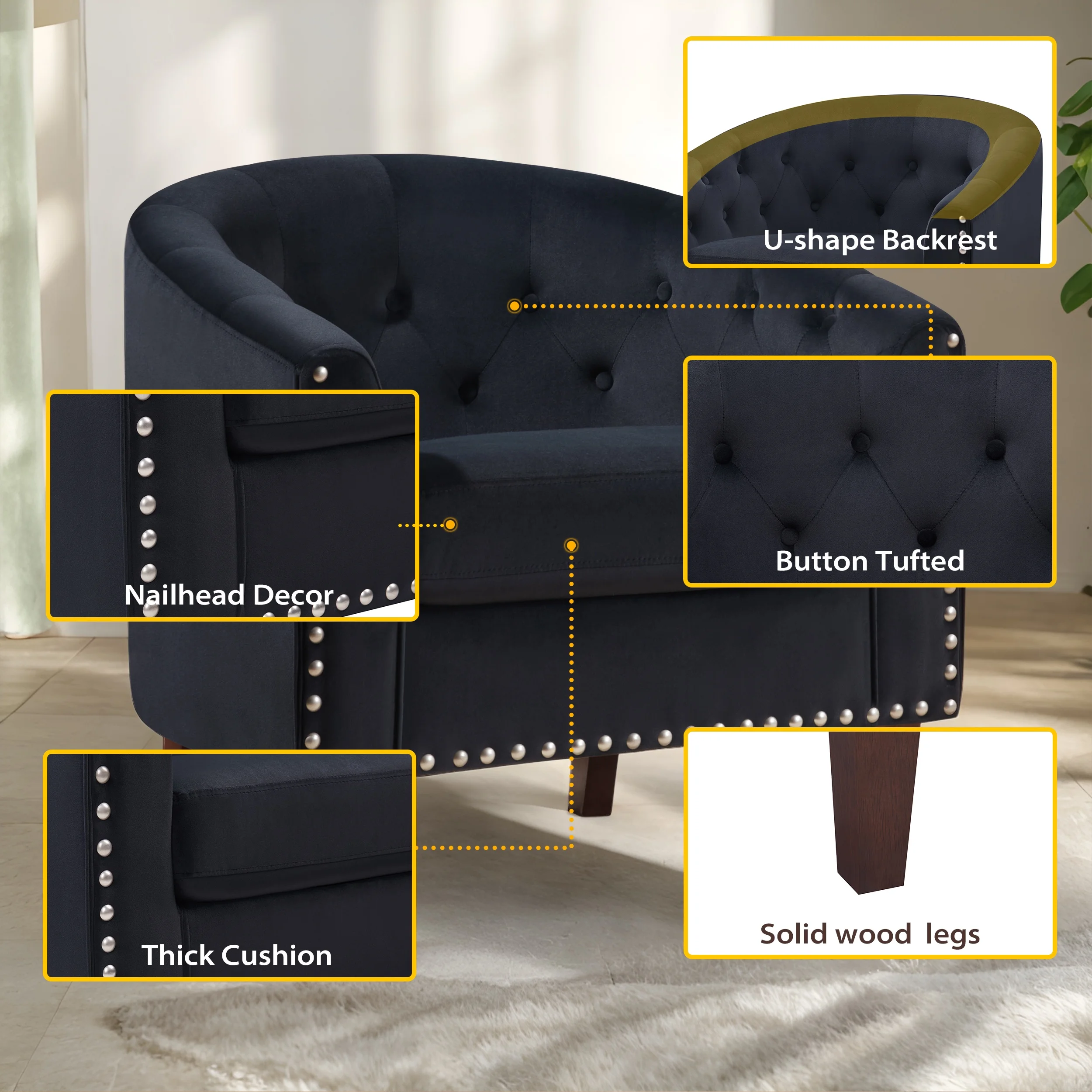 TrumanPick Barrel Chair Velvet Accent Chair Club Armchairs Comfy Living Room chair for Bedroom, Black - Image 2