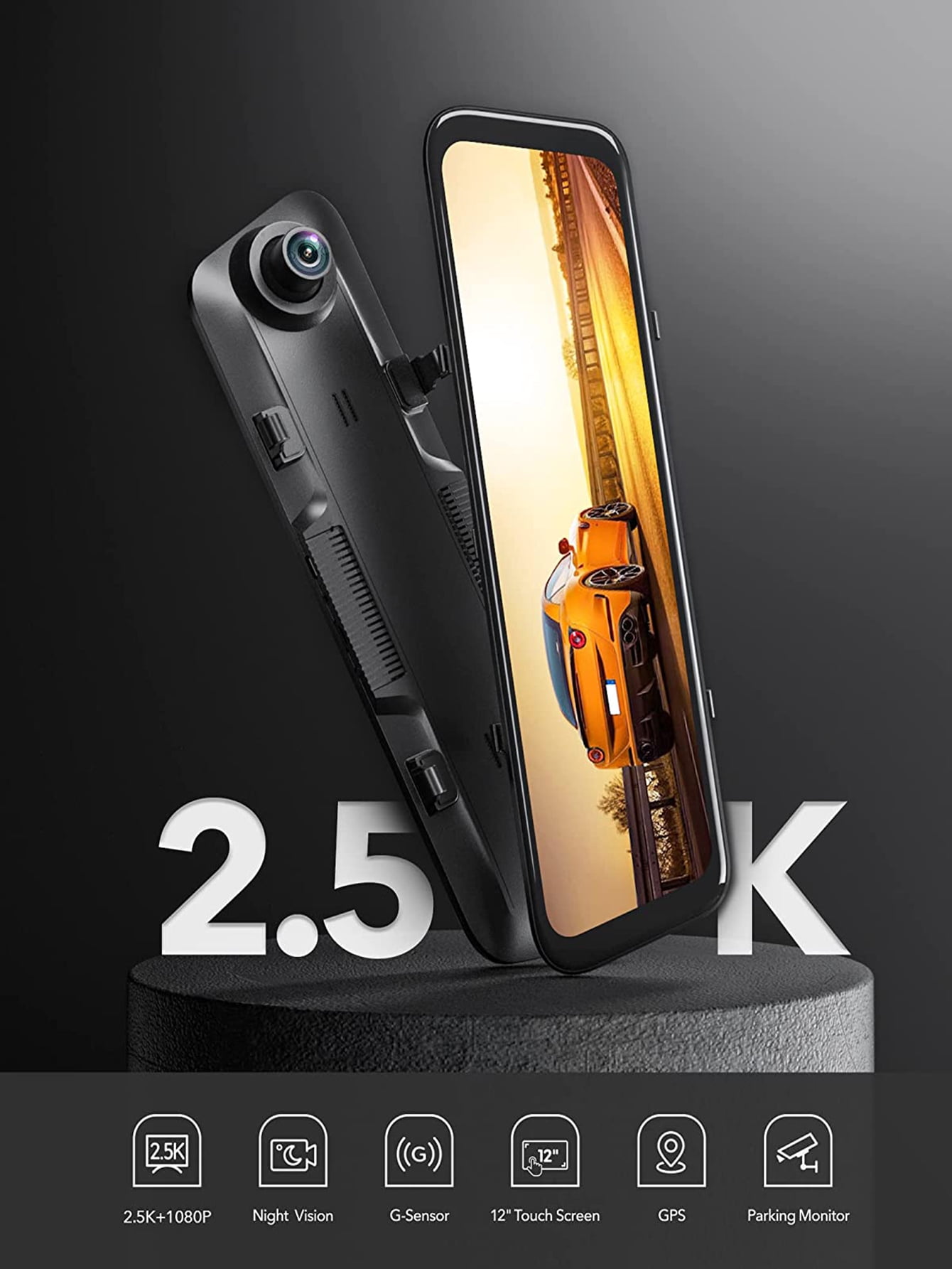 WolfBox Rear View Mirror Dash Cam, 2.5K Front + 1080P Rear Camera, 12'' Screen Mirror Car Dash Cam with Night Vision, Built-in Wi-Fi & GPS, 24H Parking Monitor, Free 32GB Card - Image 2