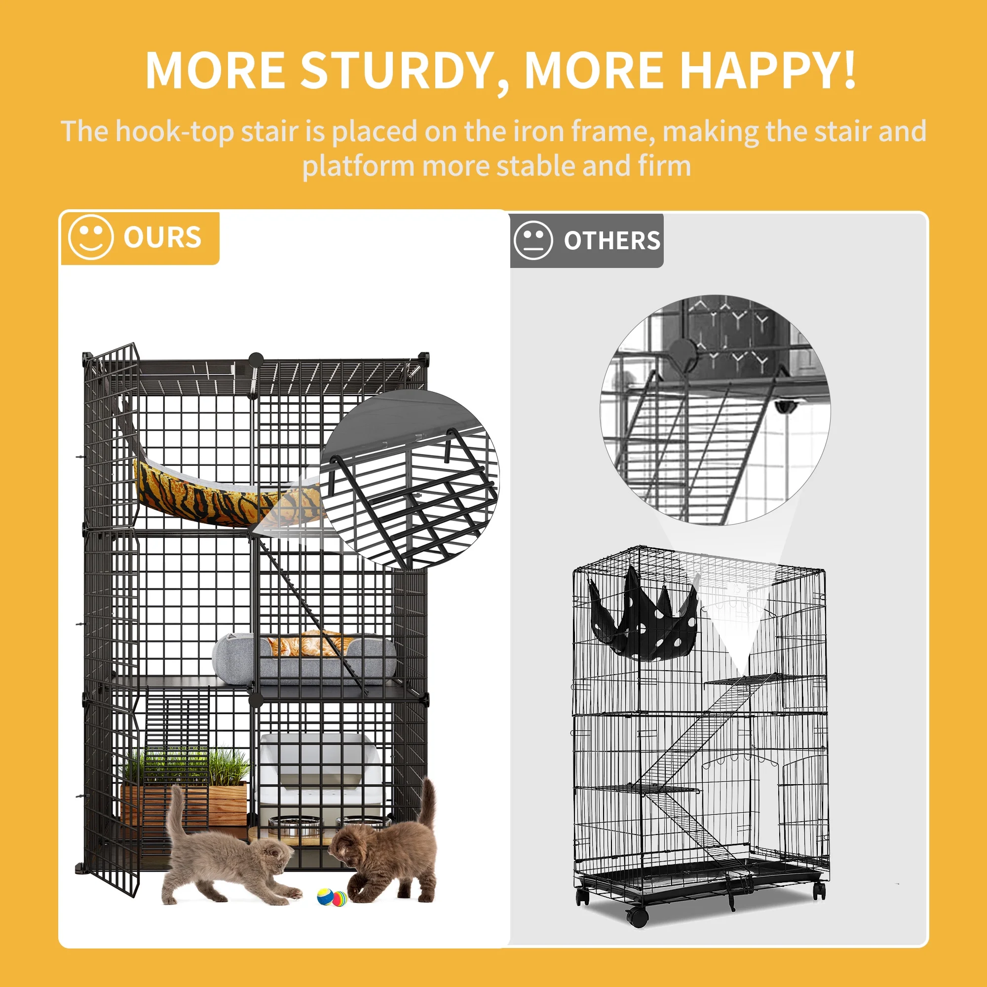 Dextrus 3-Tiers Cat Cage,Cat Enclosures Metal Cat Kennels Pet Crate with Extra Large Hammock for 1-2 Cats - Image 4