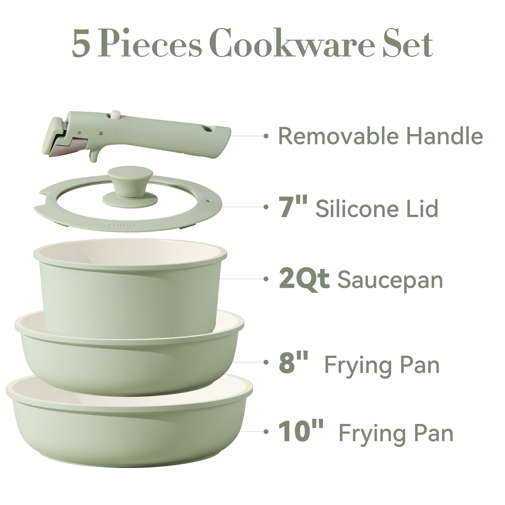 Carote 5 Pcs Pots and Pans Nonstick, Cookware Set with Detachable Handles, Oven Safe, Induction Ready, Stackable Kitchen Cooking Set, Green - Image 4