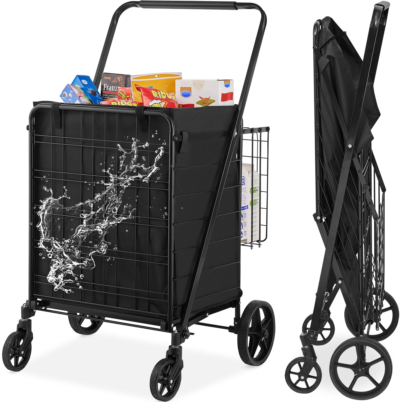 KFFKFF Collapsible Shopping Trolley with Detachable Rainproof Cover, 330LBS Spacious Grocery Cart with Double Basket, Omni-directional Wheels, Sturdy Metallic Mesh Foundation, - Image 9