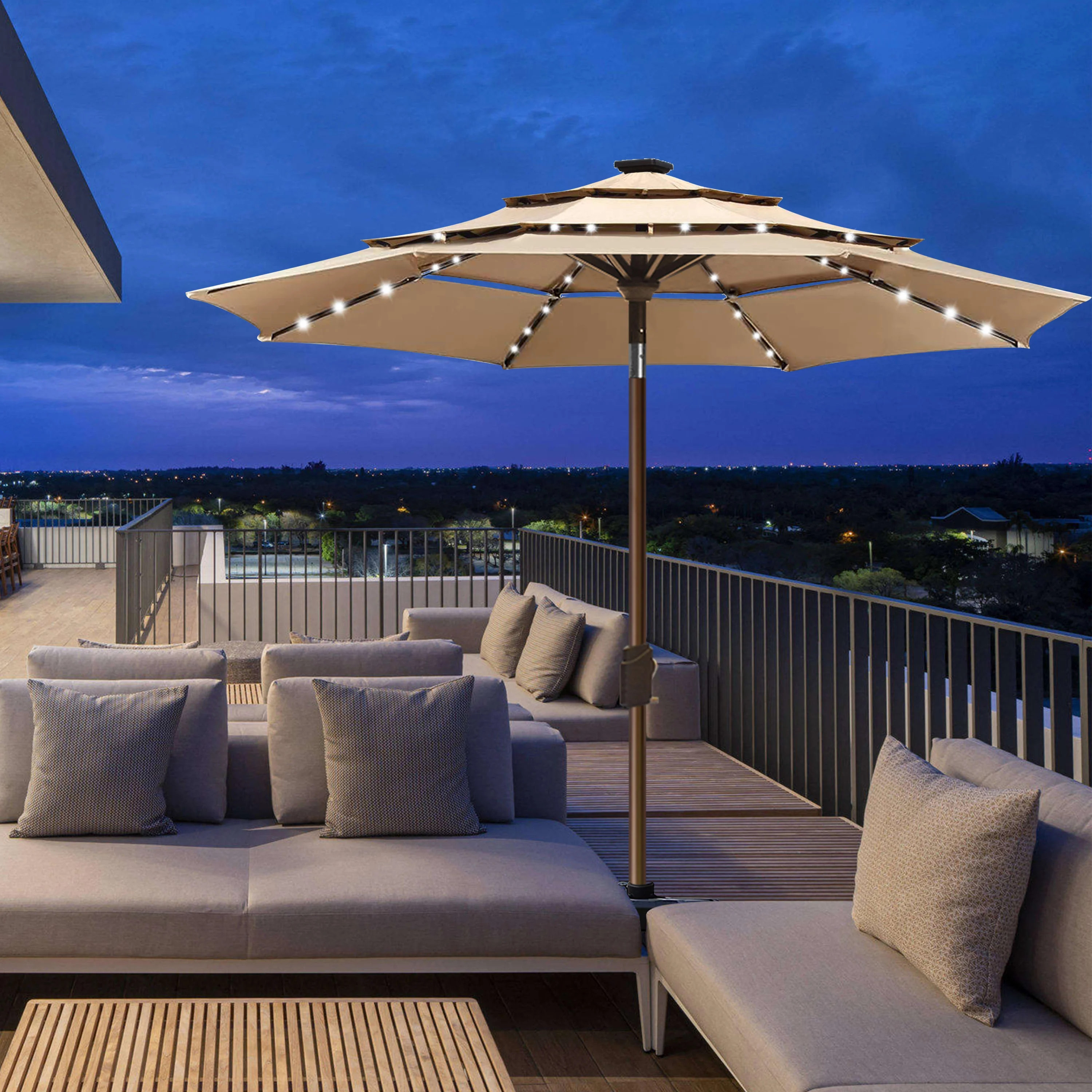 EliteShade Sunbrella Solar 9ft 3 Tiers Market Umbrella with 80 LED Lights Patio Umbrellas Outdoor Table with Ventilation and 5 Years Non-Fading Top,Tan - Image 4