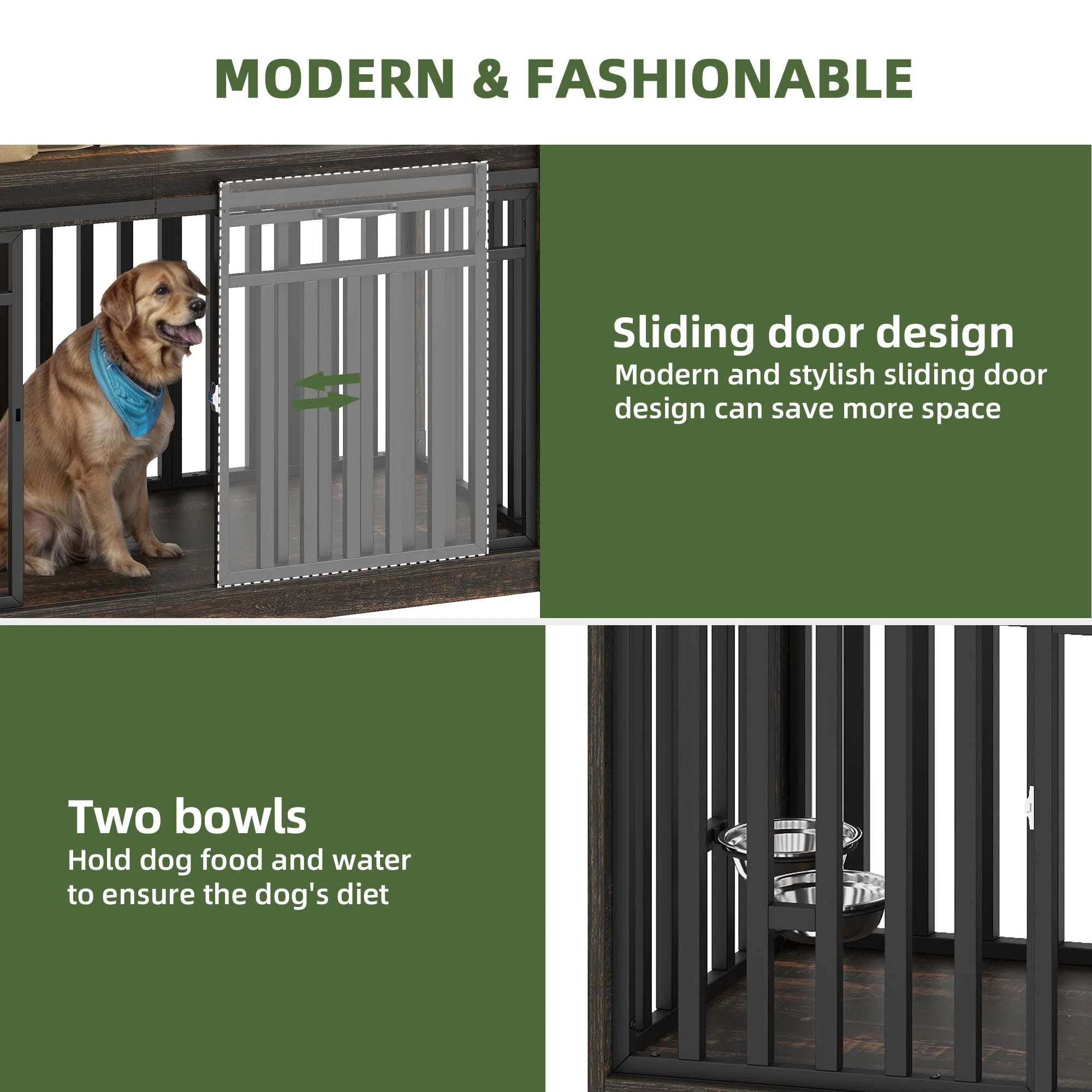 Uforic 55'' W Double Dog Crate Furniture With Sliding Barn Doors & Bowl,Indoor Furniture Style Wooden Large Dog Kennel - Image 7