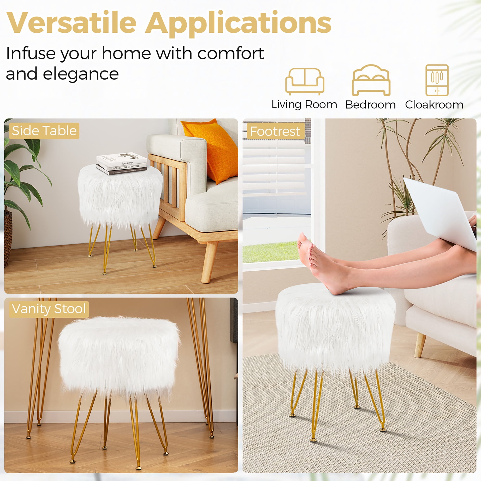 Gymax Vanity Chair Makeup Stool Furry Padded Seat Round Ottoman White - Image 4