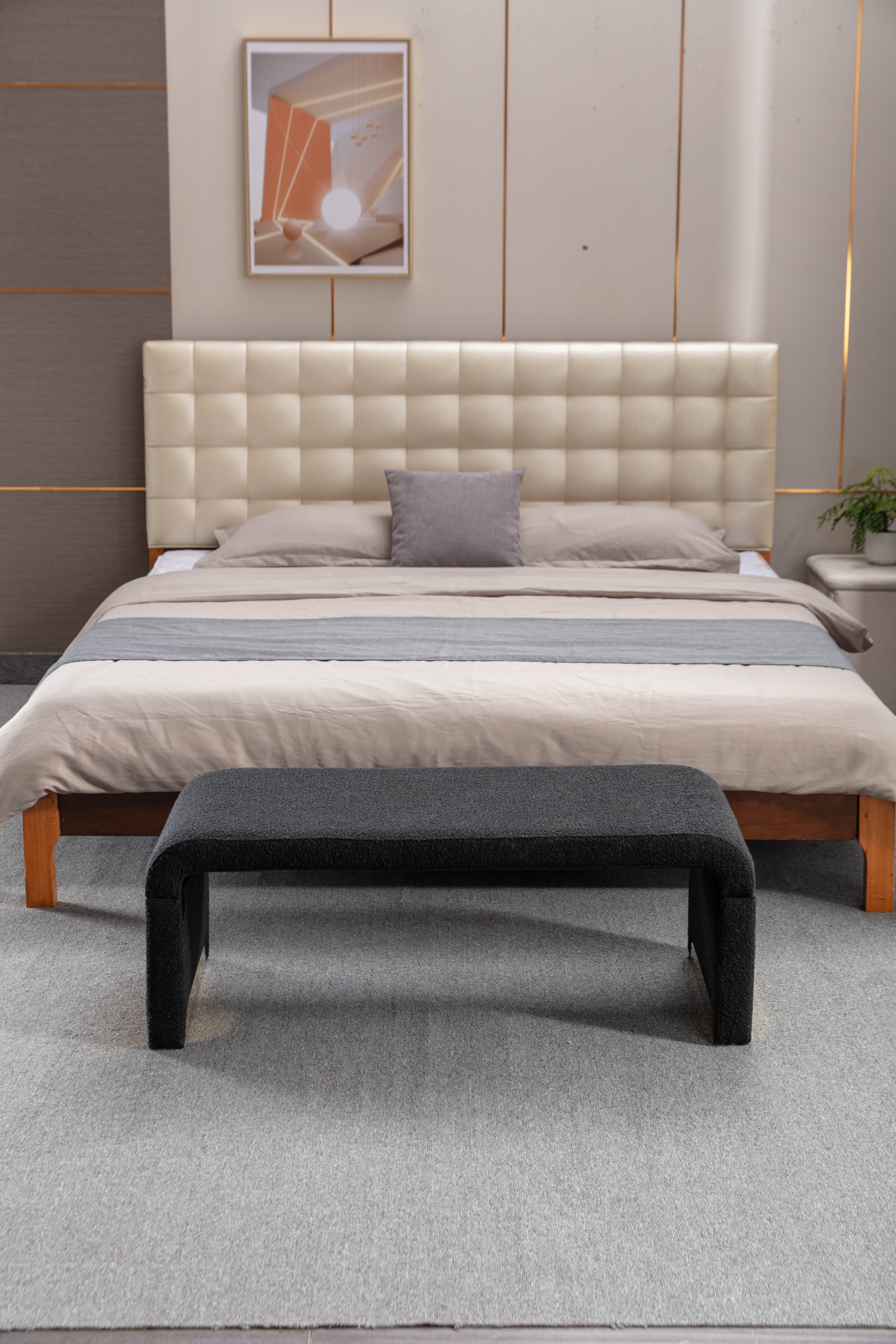 Fabric Ottoman Footstool, Bedroom Bench, Shoe Bench with Gold Metal Legs, Black - Image 3