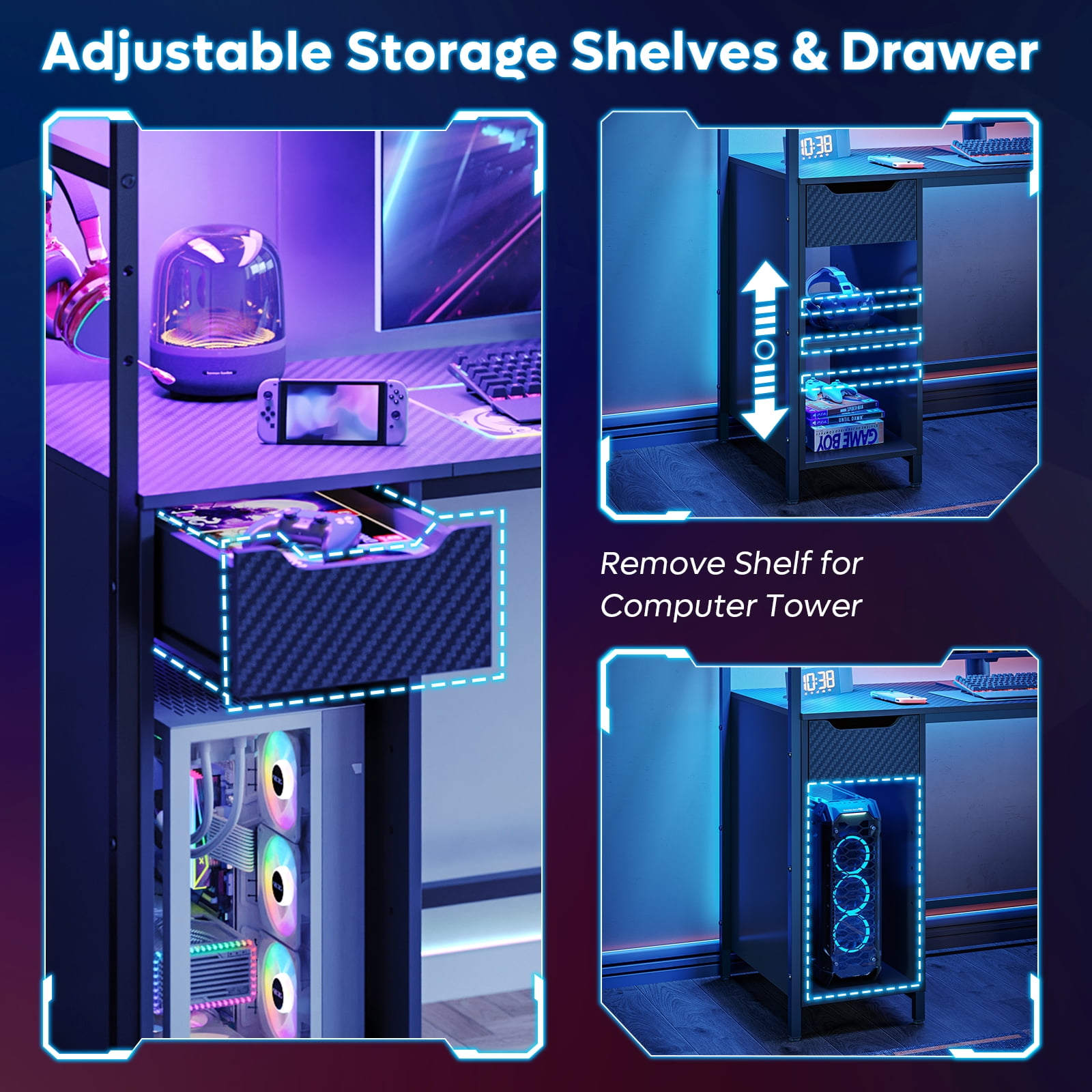 Bestier 48-Inch LED Gaming Desk with Adjustable Shelf and Storage Drawer, Black - Image 2