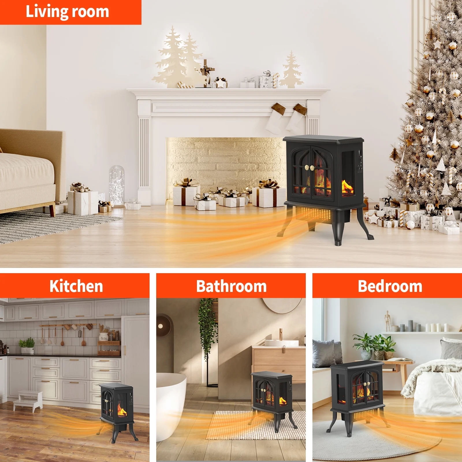 HONGGE Electric Fireplace-Indoor Freestanding Space Heater with Faux Log and Flame Effect, Black - Image 4