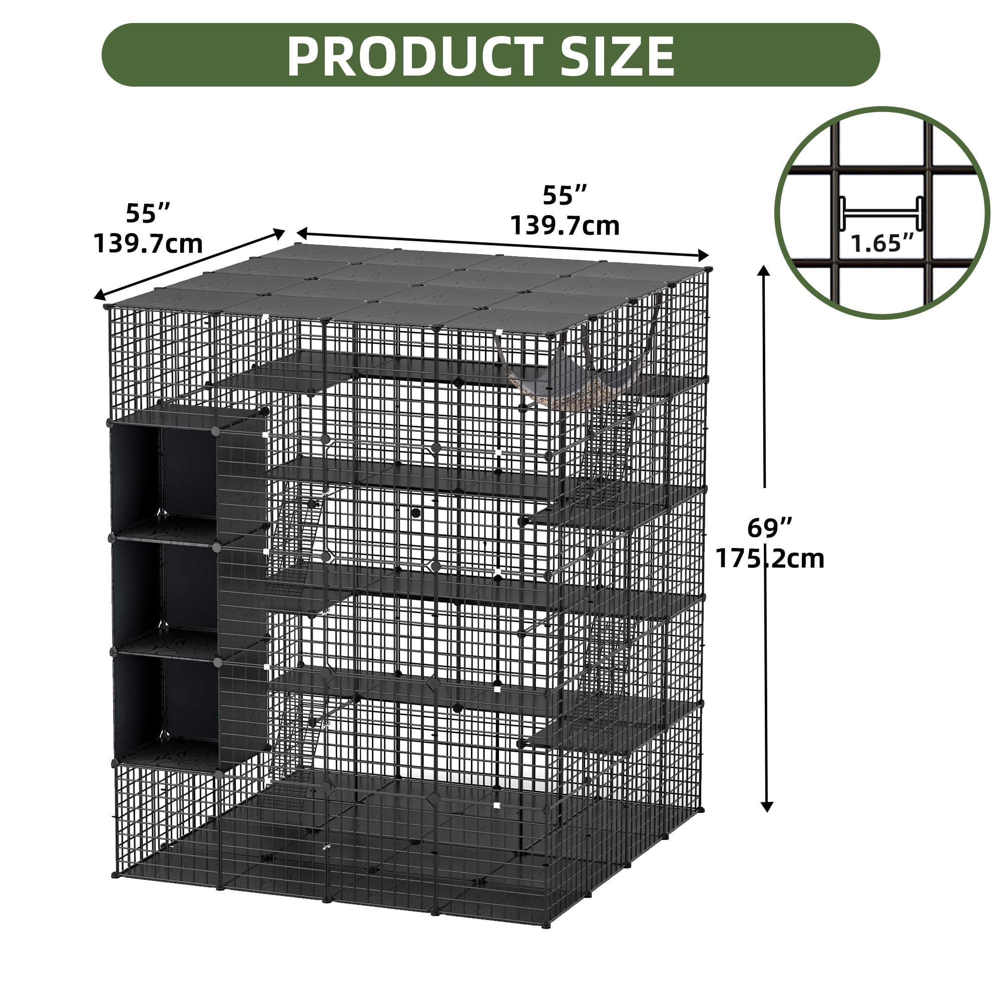 Uforic Large 5-Tier 69" Cat Cage with Extra Large Hammock – Metal Playpen Cat Kennel for 1-5 Cats, Indoor DIY Cat Enclosure, Black - Image 2