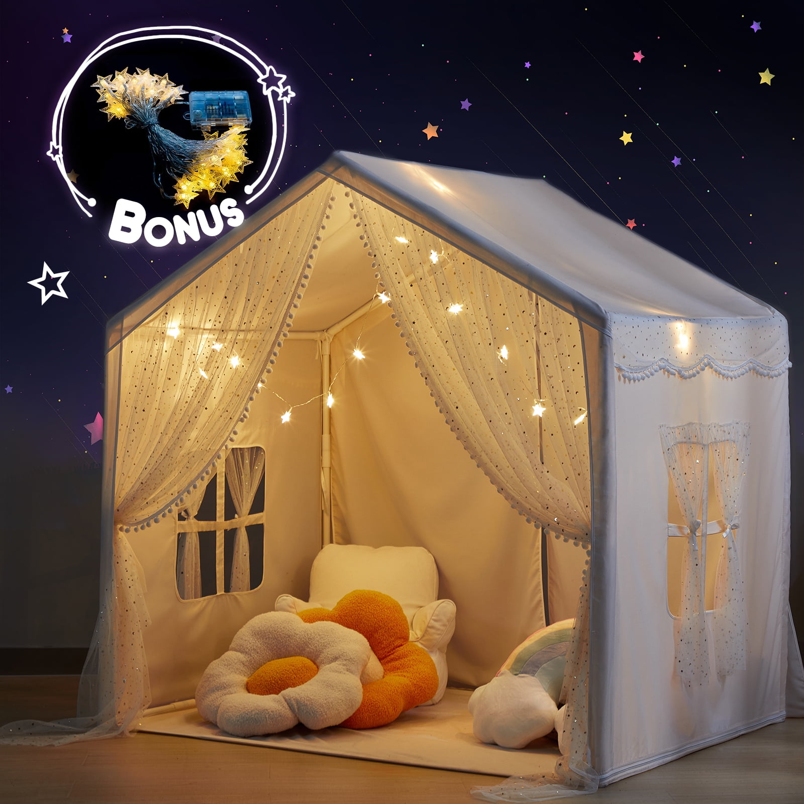 LOAOL Large Kids Tent with LED Lights, Toddler Playhouse Tent Indoor and Outdoor, White Cotton Canvas - Image 2