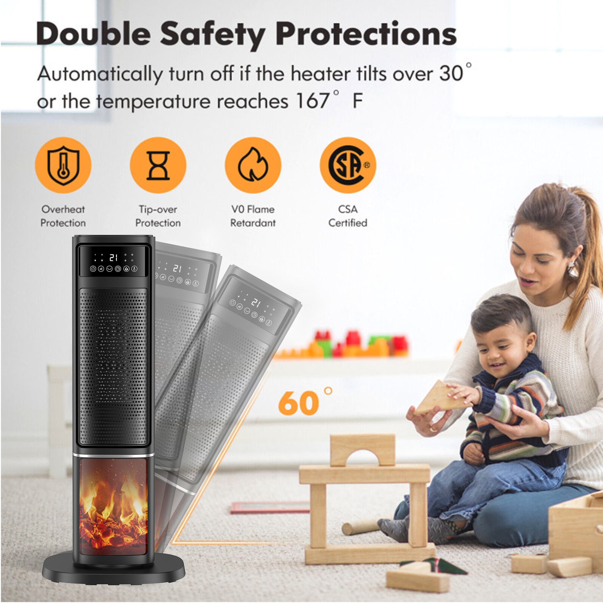 HONGGE 1500W Electric Space Heater PTC Fast Heating Ceramic Heater 3D Realistic Flame Safety Features for Office, Bedroom & Home - Image 2