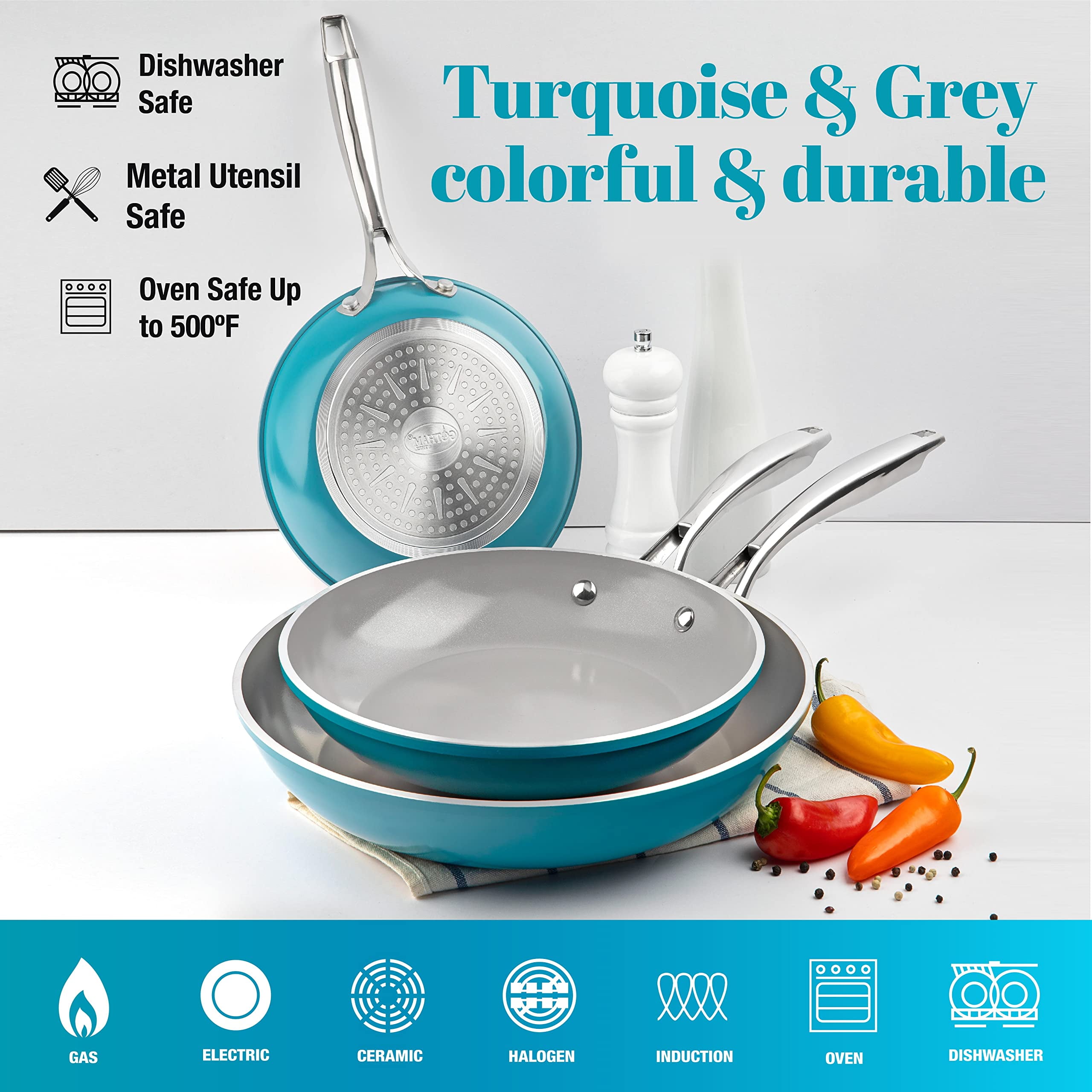 Gotham Steel Diamond Nonstick Frying Pan 3 Piece Set Skillets Ceramic Cooking Pan Induction Oven Safe Aqua Blue Gray - Image 3